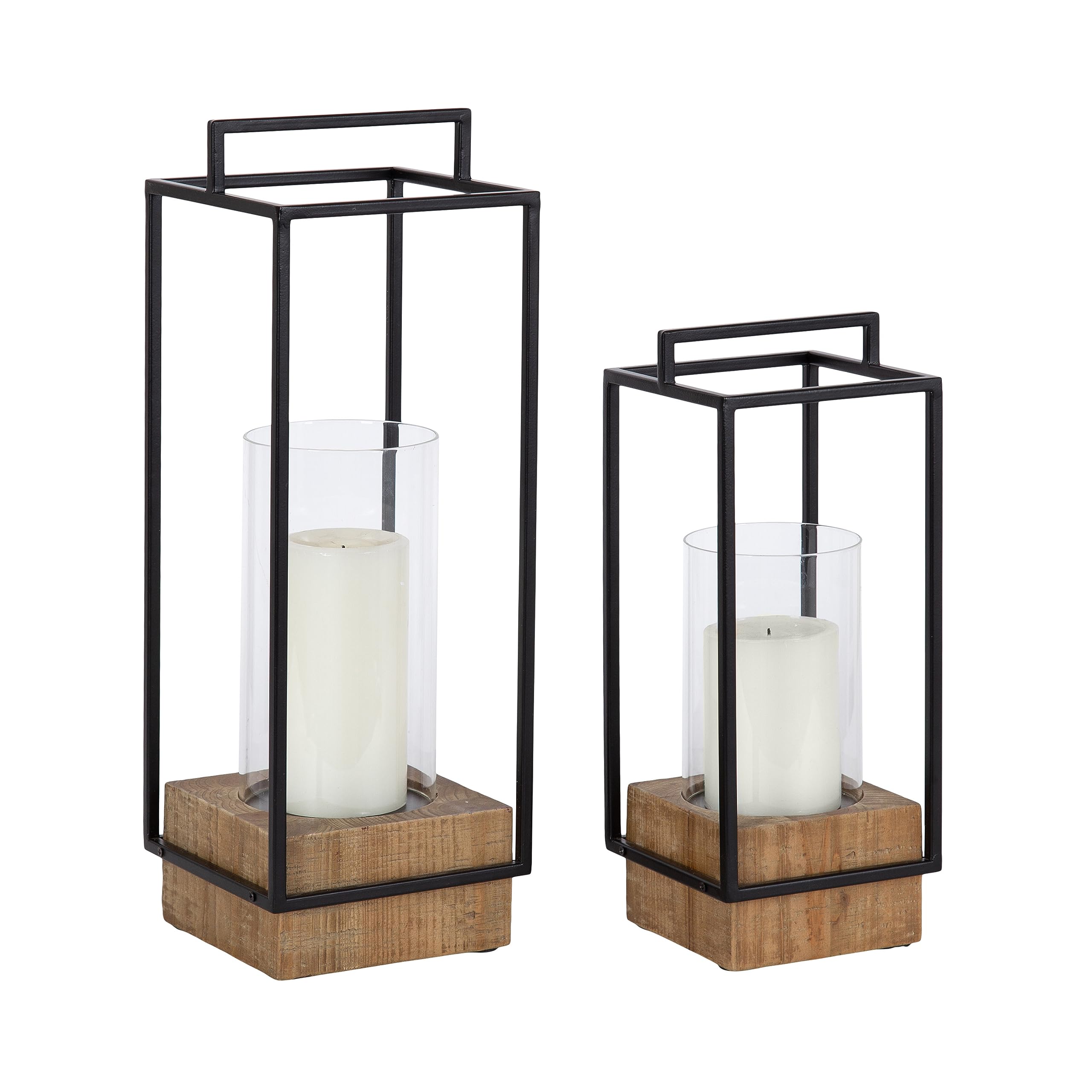 Kate and Laurel Brandt Farmhouse Two-Piece Candle Holder Set, 7 x 7 x 19, Hazelnut and Black, Transitional Wood and Metal Lanter