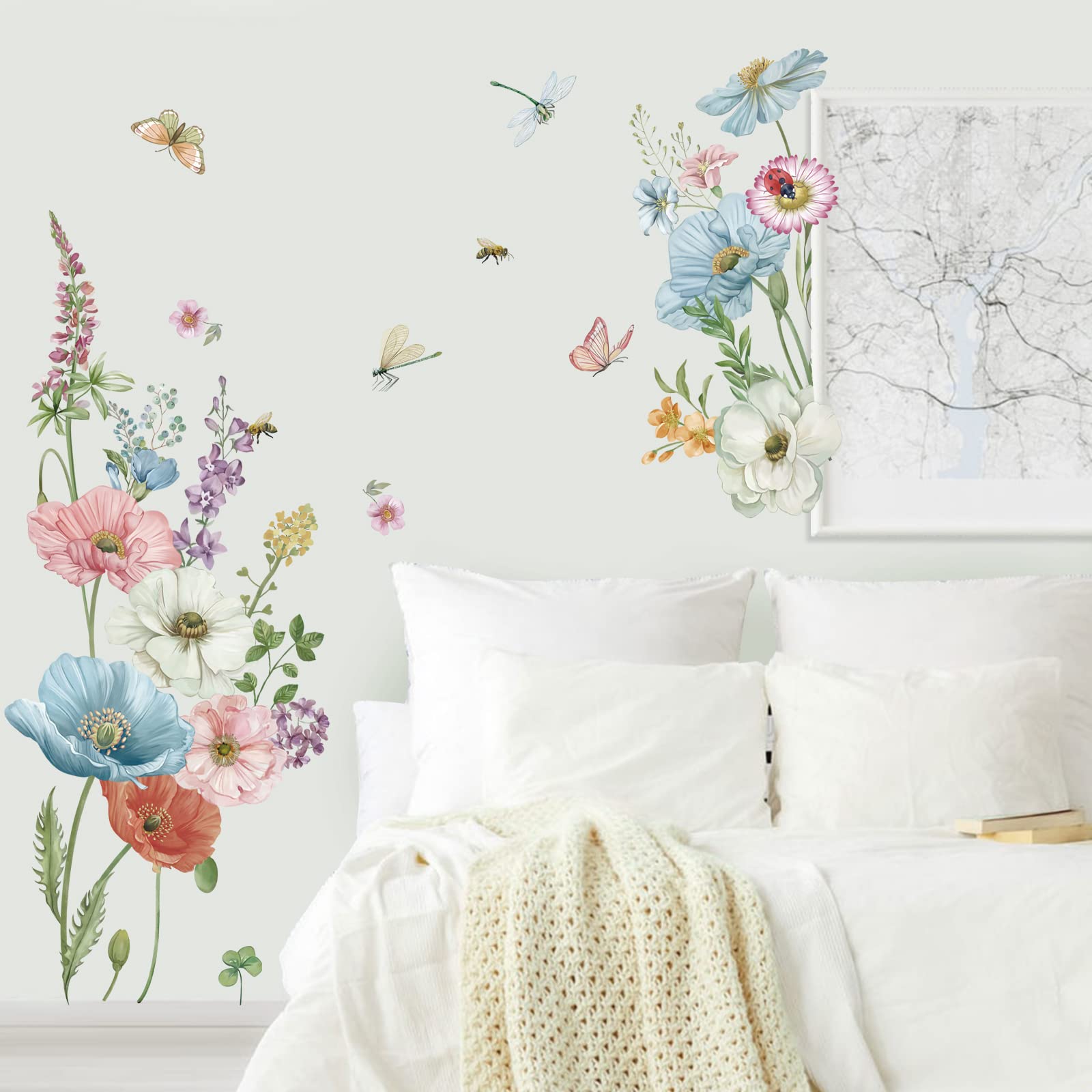Wondever Watercolor Poppy Floral Wall Stickers Garden Flower Peel And Stick Wall Art Decals For Bedroom Living Room Tv Wall