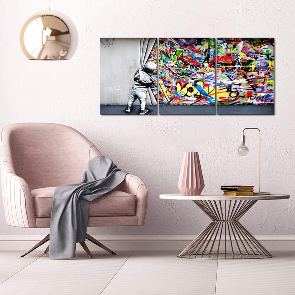 Mamago Colorful Wall Art Graffiti Behind The Curtain Banksy Canvas Prints Poster Classic Painting Street Pop Decor Framed Modern