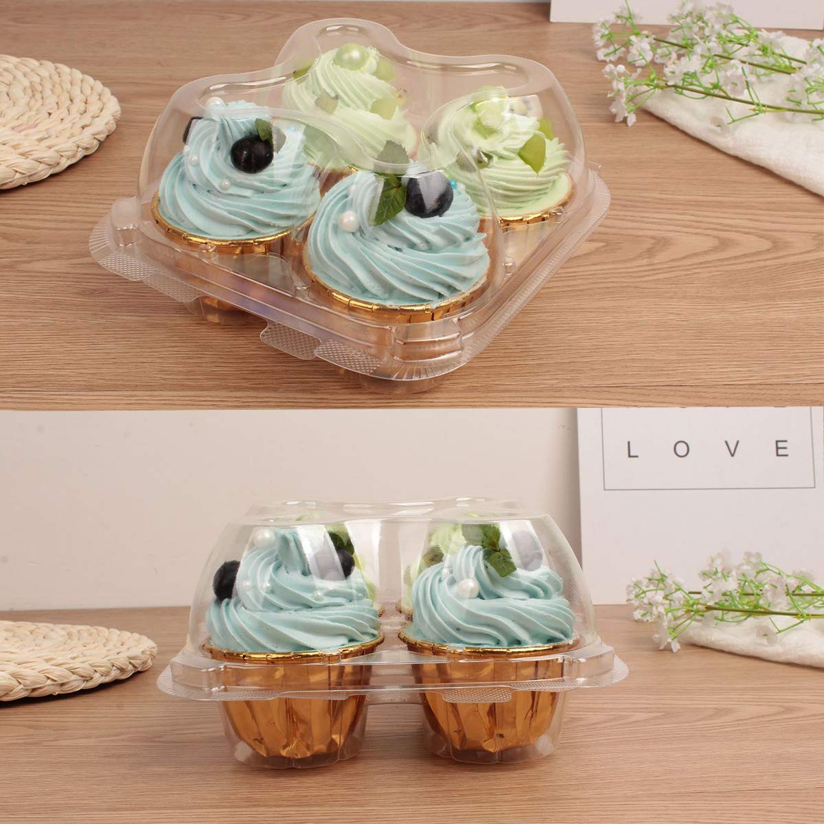 Bekith 60 Count 4-Compartment Plastic Cupcake Containers - Disposable Cupcake Trays Holder Carrier Box With Lids For Cupcakes &