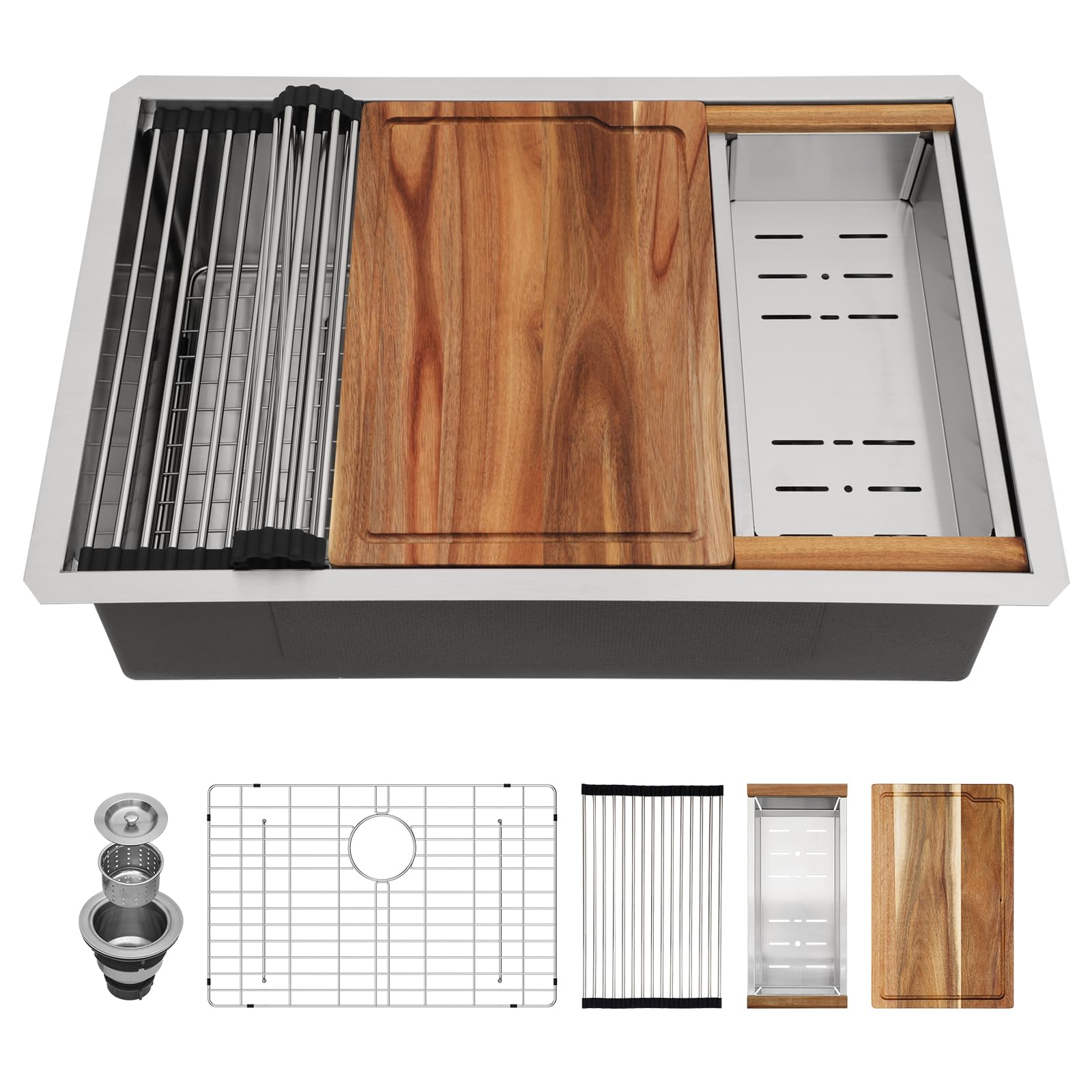 Couoko 27 Inch Undermount Workstation Kitchen Sink 27X19 Stainless Steel 16 Gauge Undermount Sink Deep Single Bowl Handmade Unde