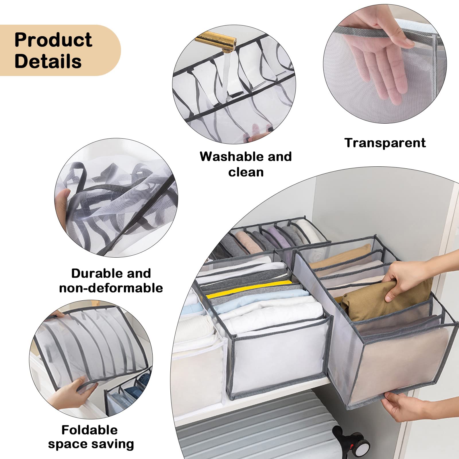 TIGARI Wardrobe Clothes Organizer, Sock Organizer Drawer Divider, Foldable Drawer Compartment Storage for Socks Underwear Bra Ti