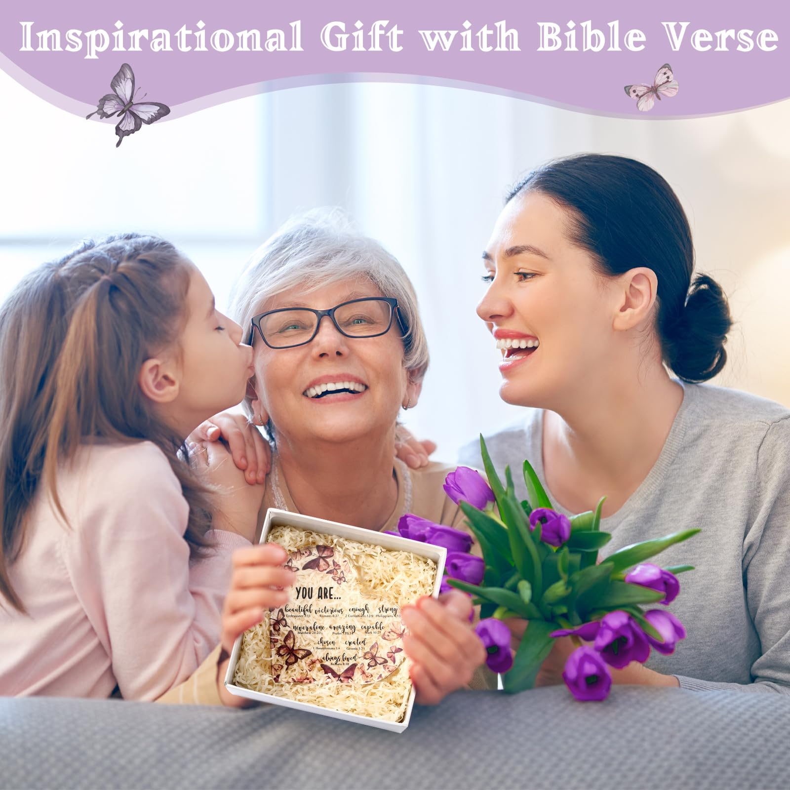 Lineshading Christmas Christian Gifts for Women Purple Butterfly Christian Desk Decor Inspirational Acrylic Heart Plaques Religi