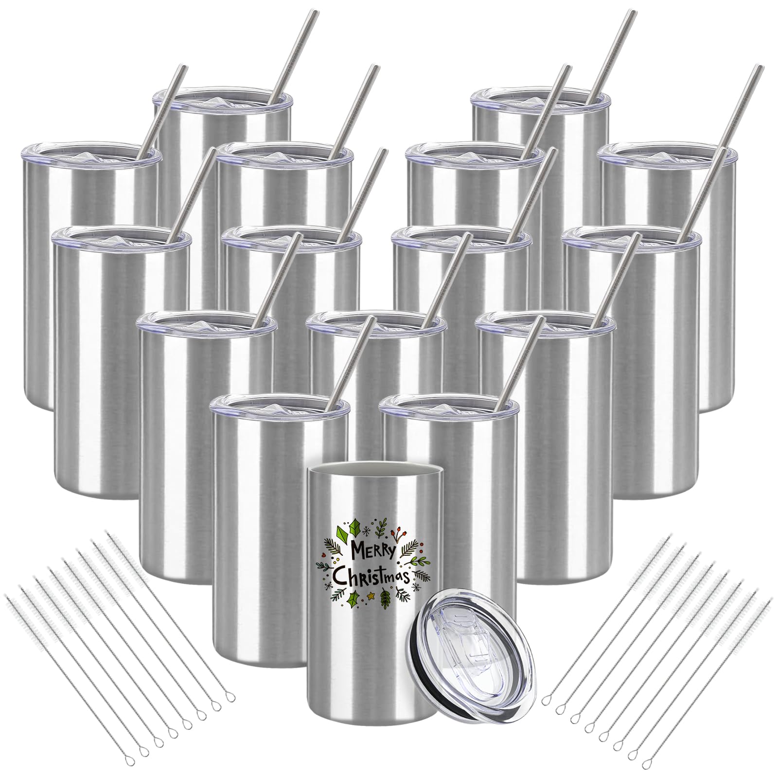 YOUKE OLA 16 Pack Tumblers Blanks Bulk Skinny Straight Tumbler Stainless Steel Double Wall Insulated Water Bottles with Lid & St