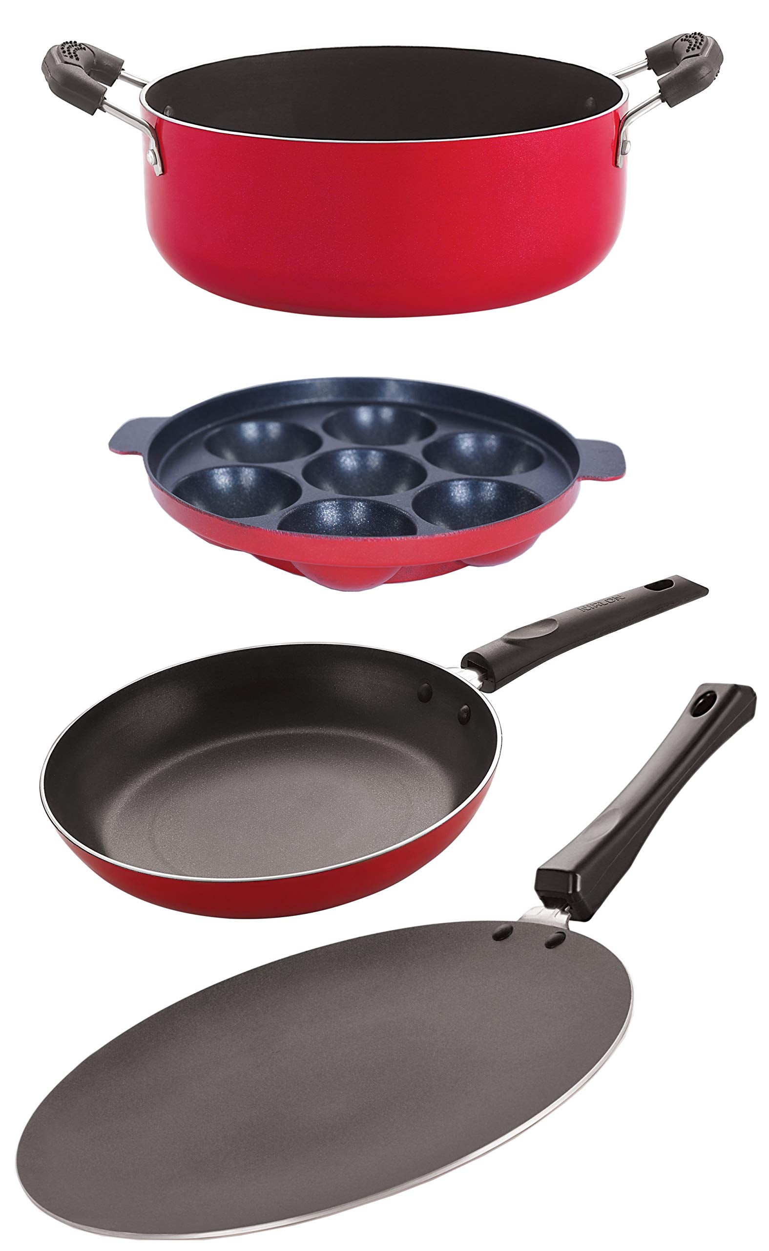 Nirlon Nonstick Coated Dishwasher Safe Aluminium Kitchen Utencils Gift 4 Pieces Set With Steel Lid (Concave Tawa 27.5Cm + Tapper