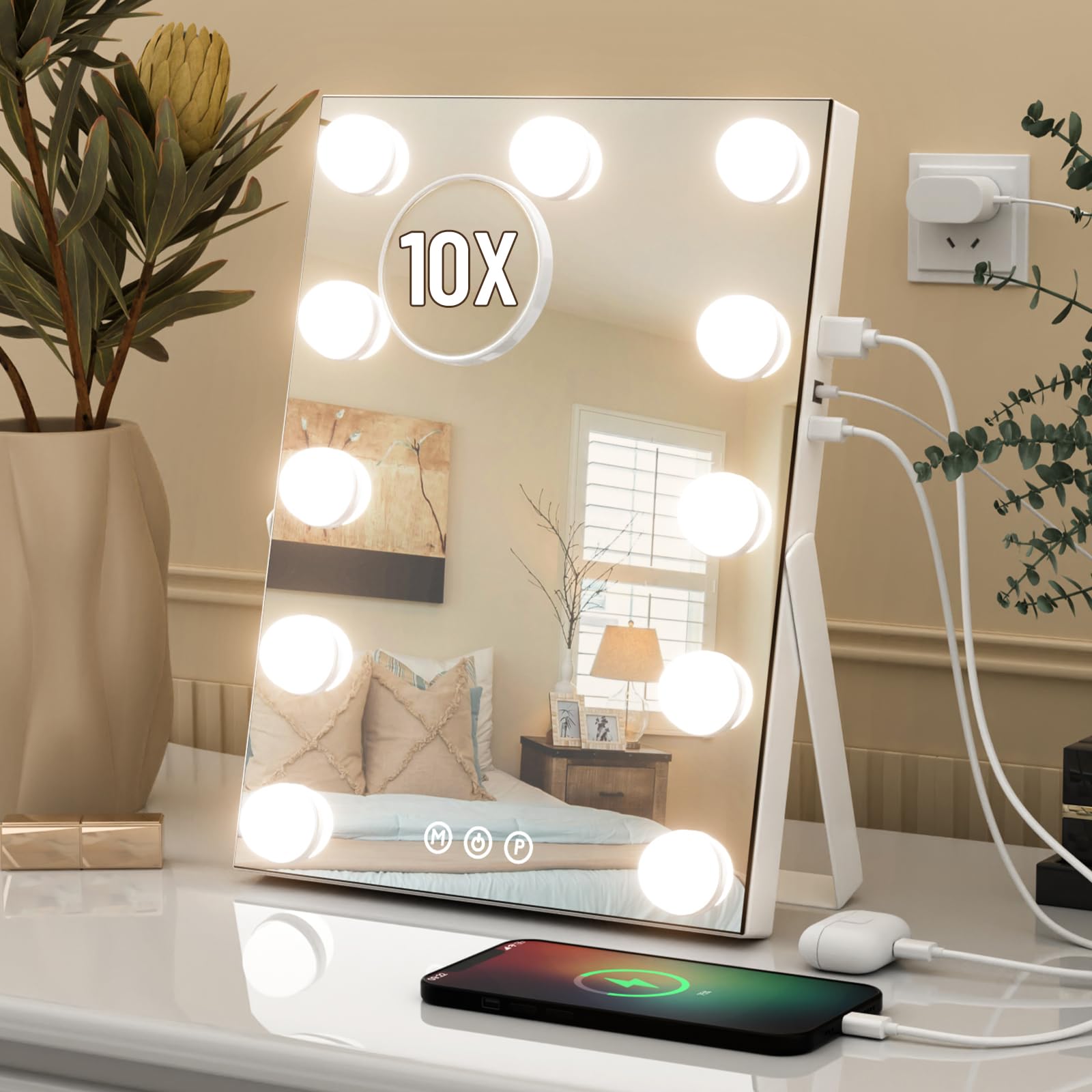 Ajjssa Hollywood Vanity Mirror, 11''X 14'' Hollywood Lighted Makeup Mirror With Detachable 10X Magnification & 11Dimmable 3 Colo