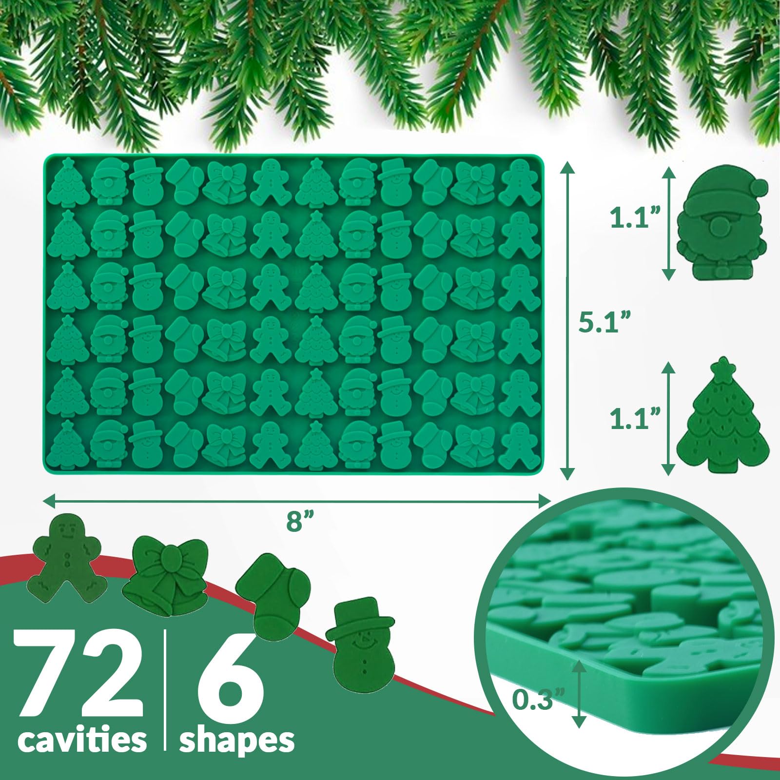 HKNMTT Mini Christmas Candy Molds, Silicone 72 Cavity Chocolate Mold, Tree Santa Snowman Stocking Bell Gingerbread Shape Gummy M