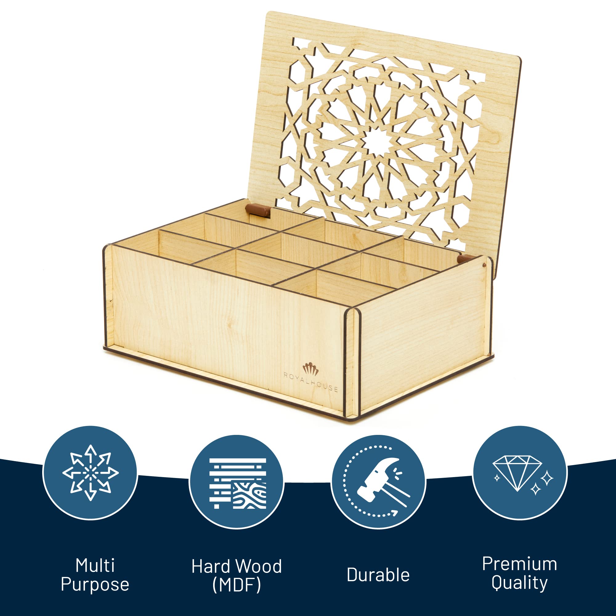 RoyalHouse Premium Wood (Hard MDF) Tea Storage Box Organizer (White)  Eco-Friendly Multi-Functional Decorative Box  9 Compartments For Assorted Variety Of Tea Bags and Small Items