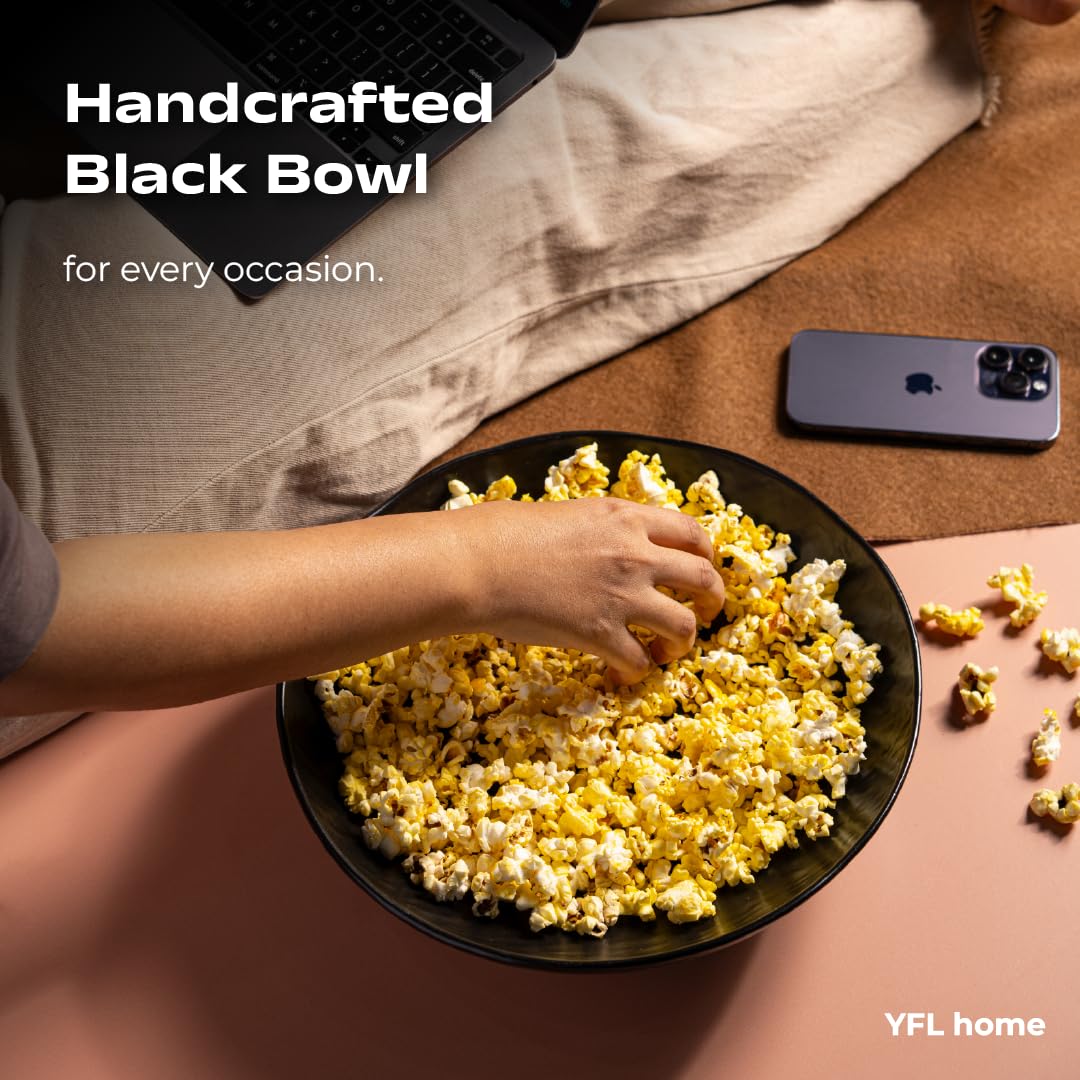 Yfl Home Black Bowl For Kitchen With 3-Litre Capacity, Food Safe 12 Ceramic Bowl For Table Countertop,Serving Bowl With Non-Slip
