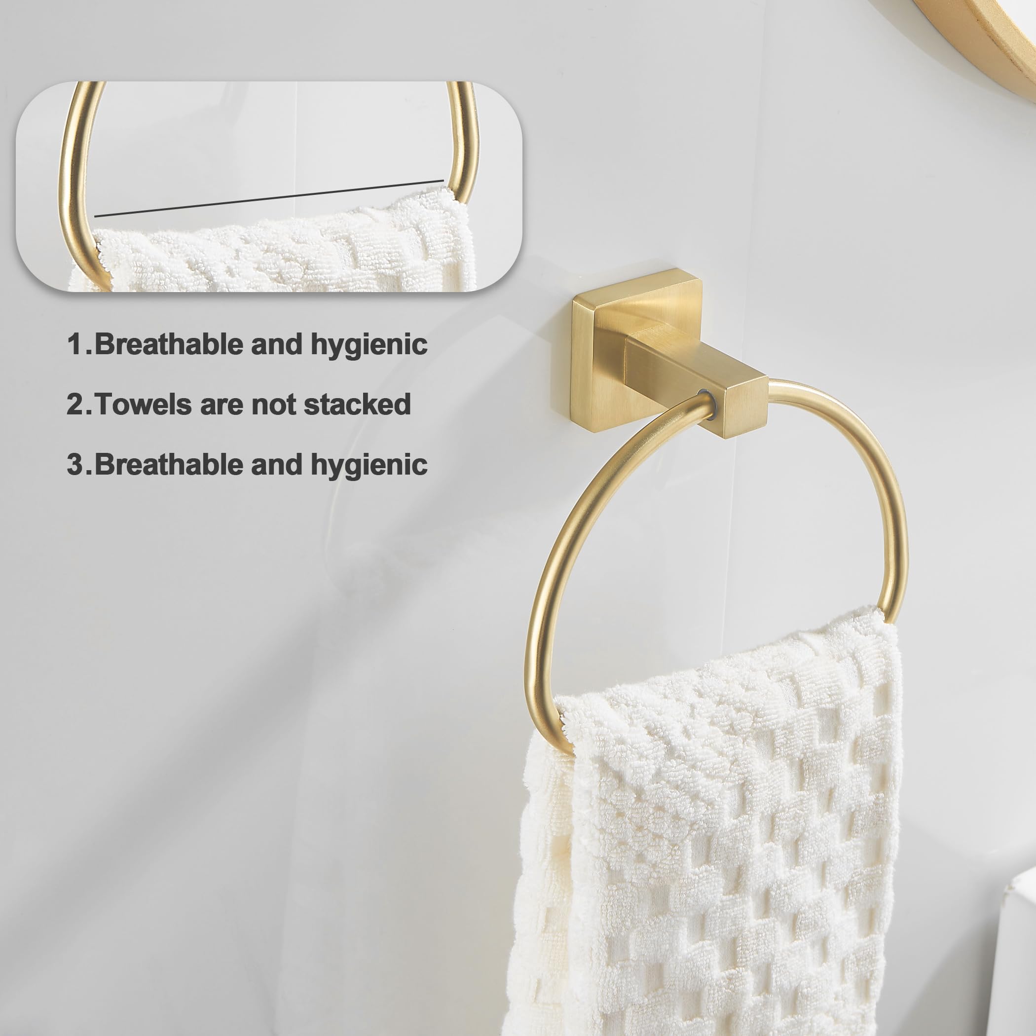 Leyden Brushed Gold Hand Towel Holder, Bathroom Towel Ring, Bath Hand Towel Hangers Wall Mounted Half Round Modern
