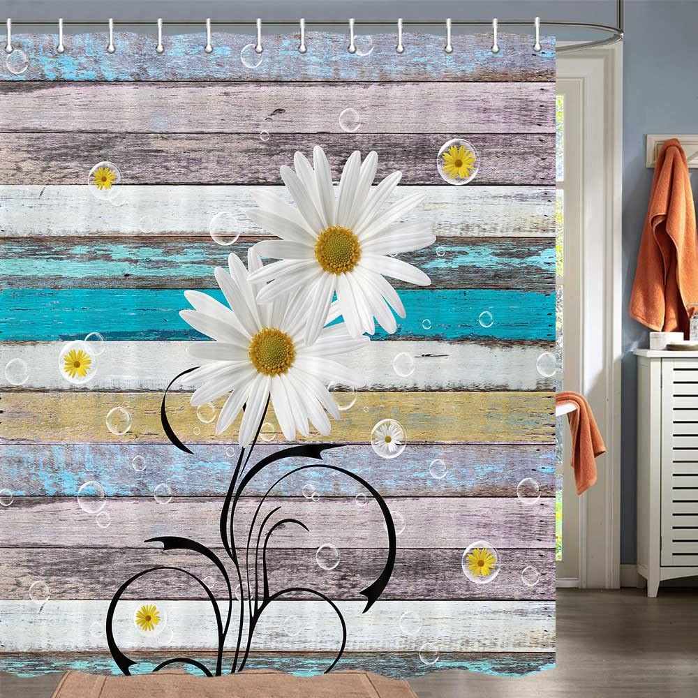 Jawo Daisy Shower Curtain, Rustic Shower Curtain, Daisy Floral On Rustic Wooden Shower Curtain Farmhouse Shower Curtain, Country