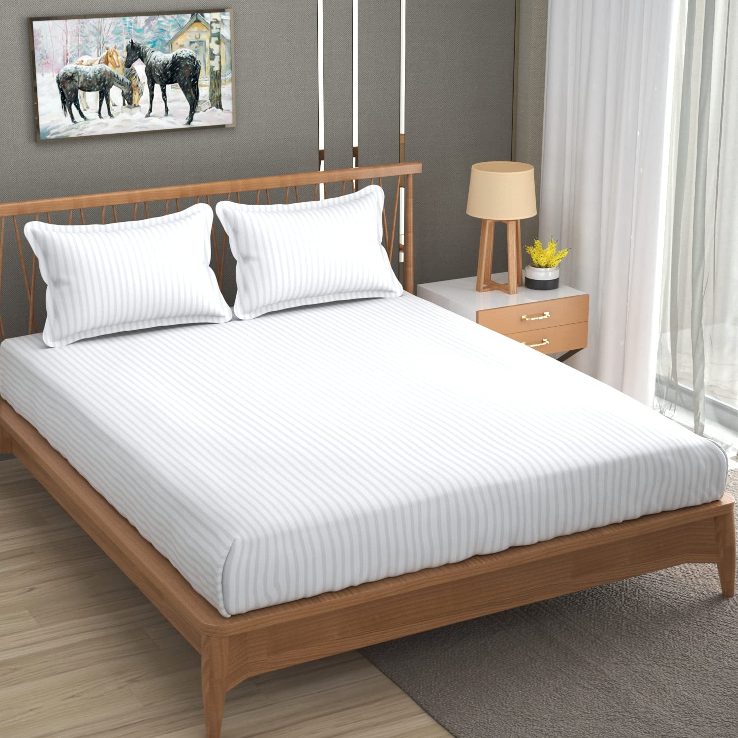 Homefab India 160 Tc Stripe Cotton Feel Glace Cotton Elastic Fitted King Size Double Bed Bedsheet With 2 Pillow Covers Fits Upto
