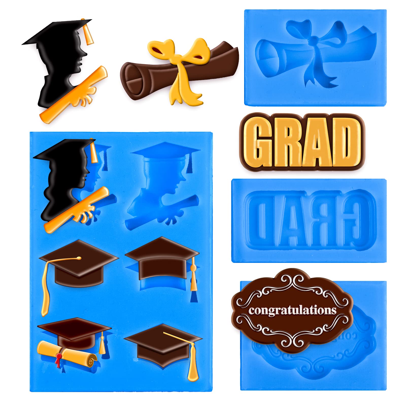Whaline 4 Pack 2026 Graduation Mini Fondant Molds Silicone Graduation Cap Diploma Mould Congrats Grad Congratulations Candy Choc