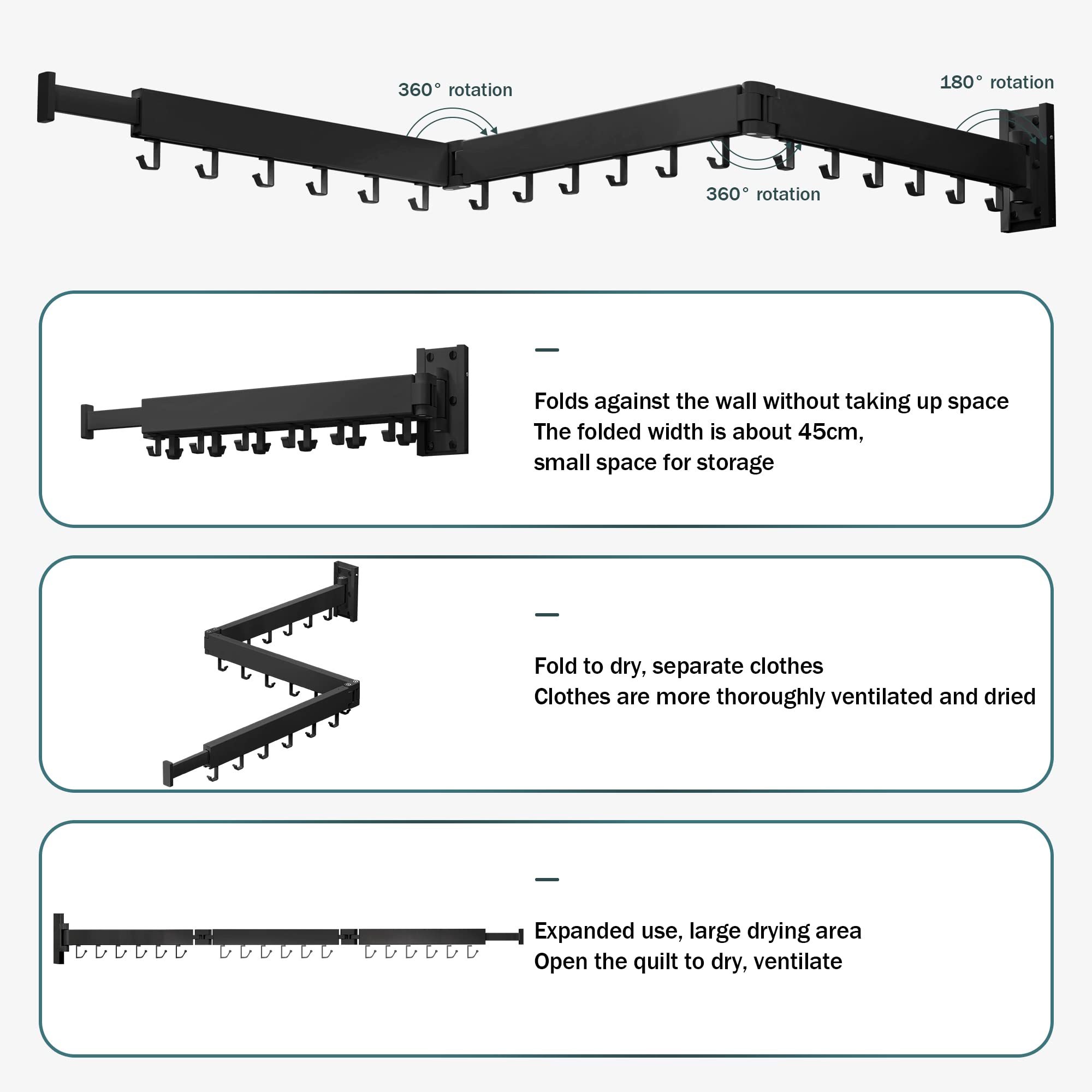BOQORAD Wall Mounted Clothes Hanger Rack  Retractable Clothes Drying Rack Space-Saver  Laundry Drying Rack Collapsible  for Laundry Balcony  Mudroom  Bedroom Dark Grey Color sh-02
