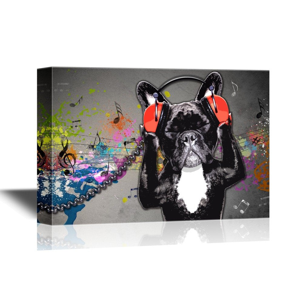 Wall26 - Canvas Wall Art - Dog Listening To Music Funny Animal Concept - Gallery Wrap Modern Home Art | Ready To Hang - 24X36 In