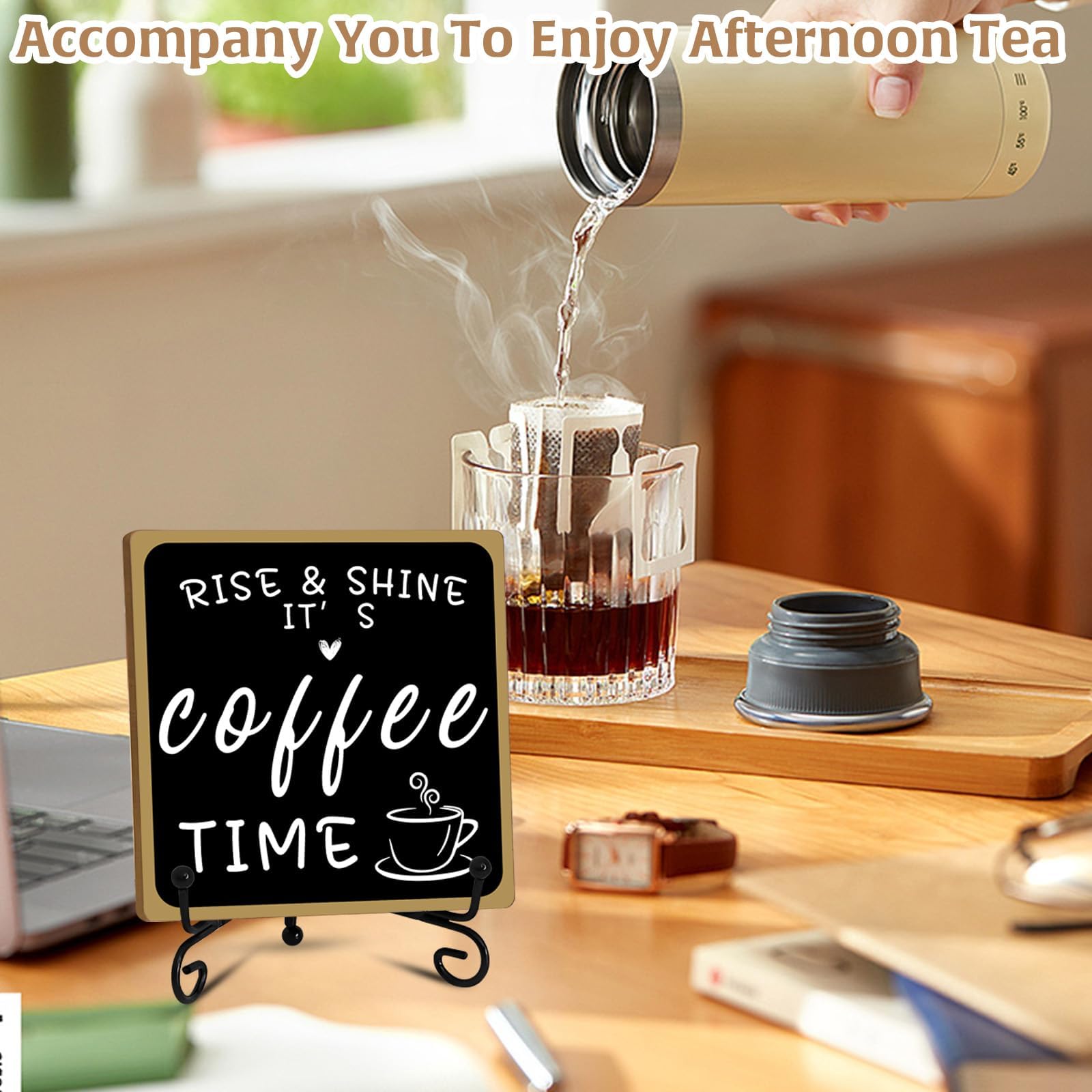 2Pcs Coffee Bar Sign Decorations, Black and White Coffee Sign Decor with Iron Stand Wooden Coffee Bar Decor Tabletop Shelf Acces