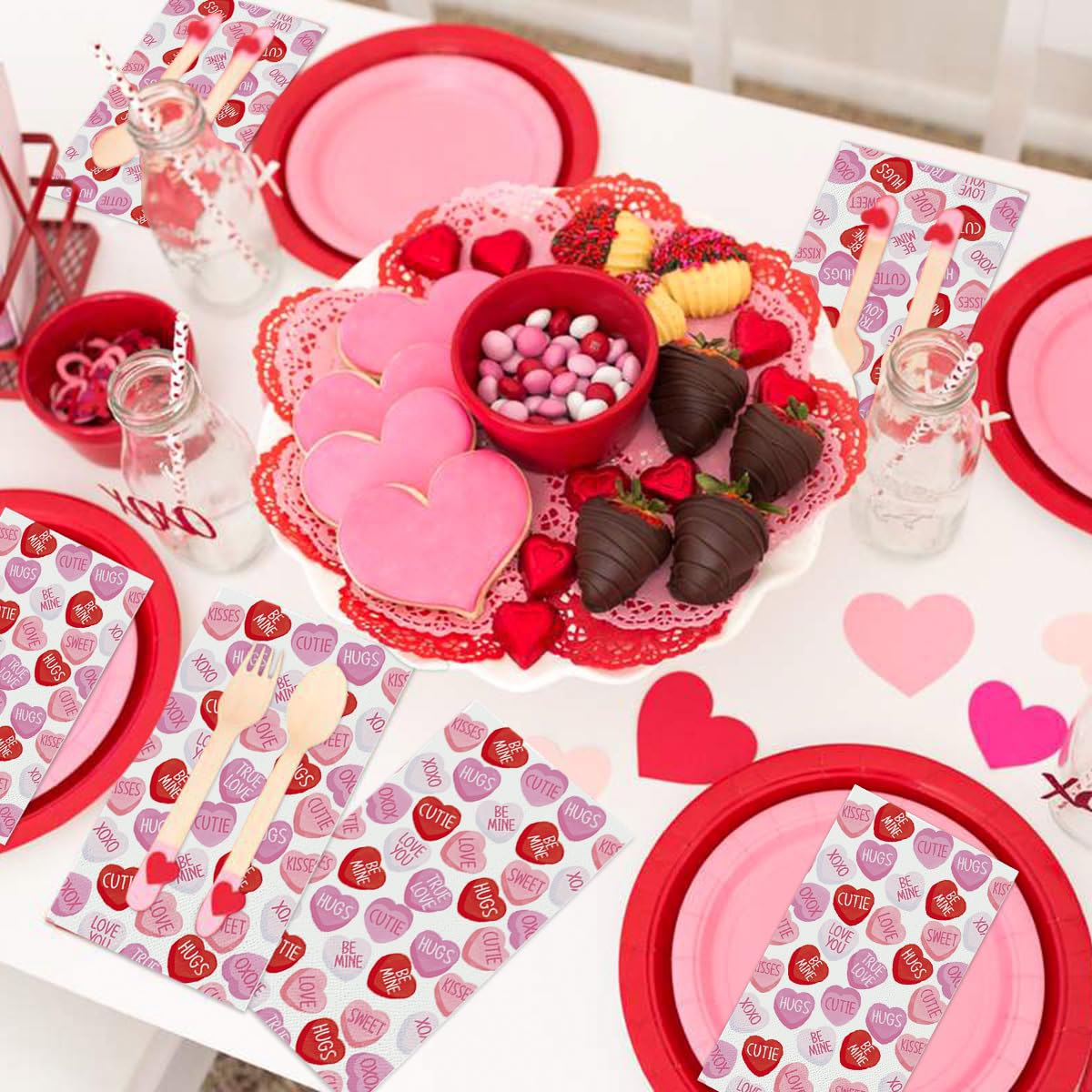 Horaldaily 50 Valentine Disposable Paper Decorative Guest Napkins, Pink Tiny Heart Hand Towel For Party Lunch Dinner Kitchen Bat