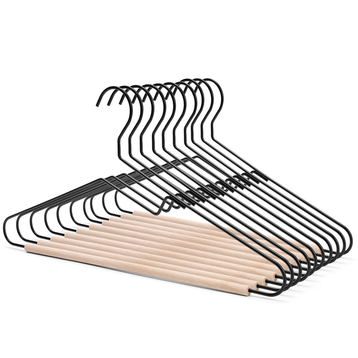 Nature Smile Premium Black Matt Metal Suit Clothes Hanger 10 Pack With A Smooth Beech Wood Pants Bar,Unique Coat Hanger Dress Ha