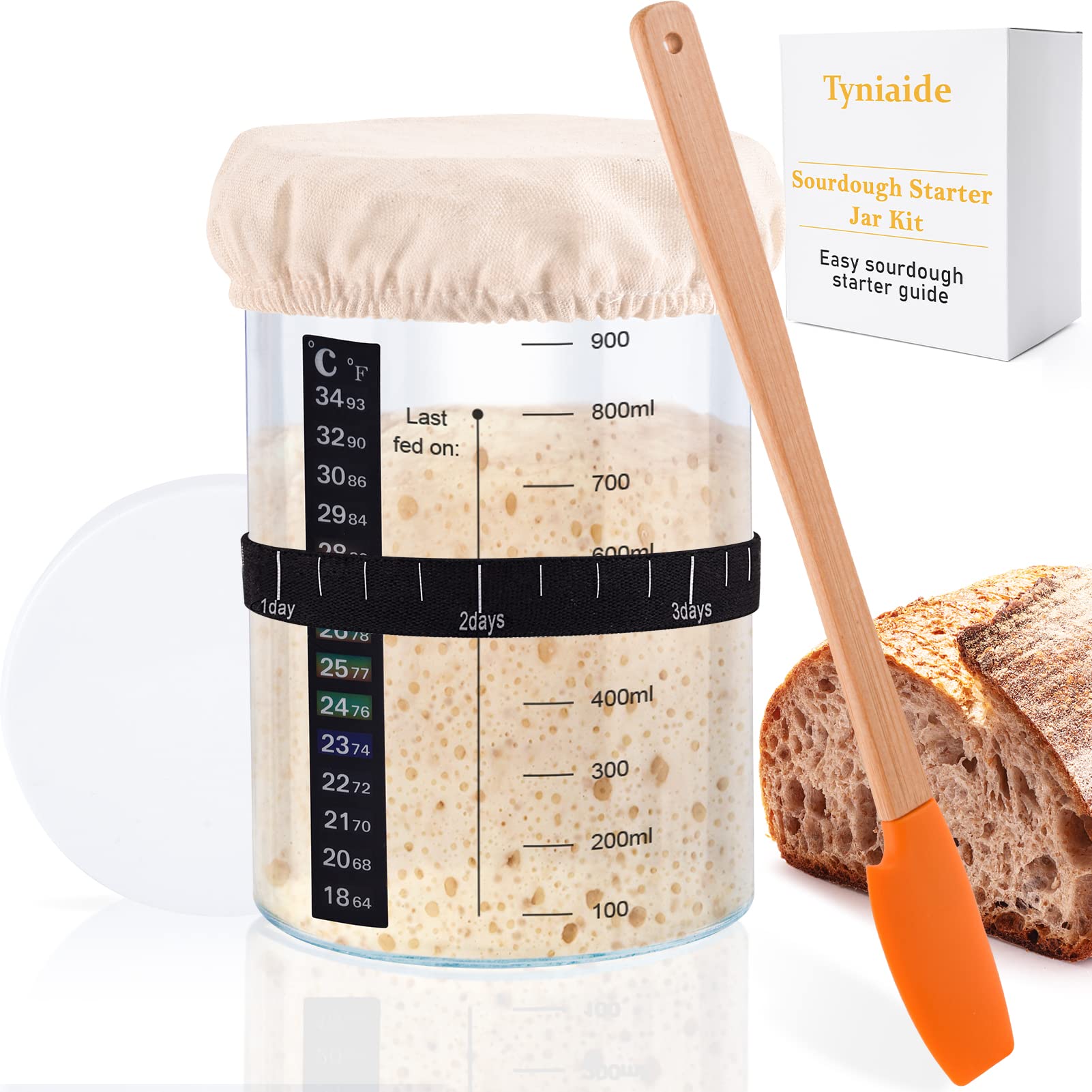 Tyniaide Sourdough Starter Jar Kit, 35 Oz Sourdough Starter Jar With Thermometer, Silicone Scraper, Cloth Cover And Lid. Reusabl