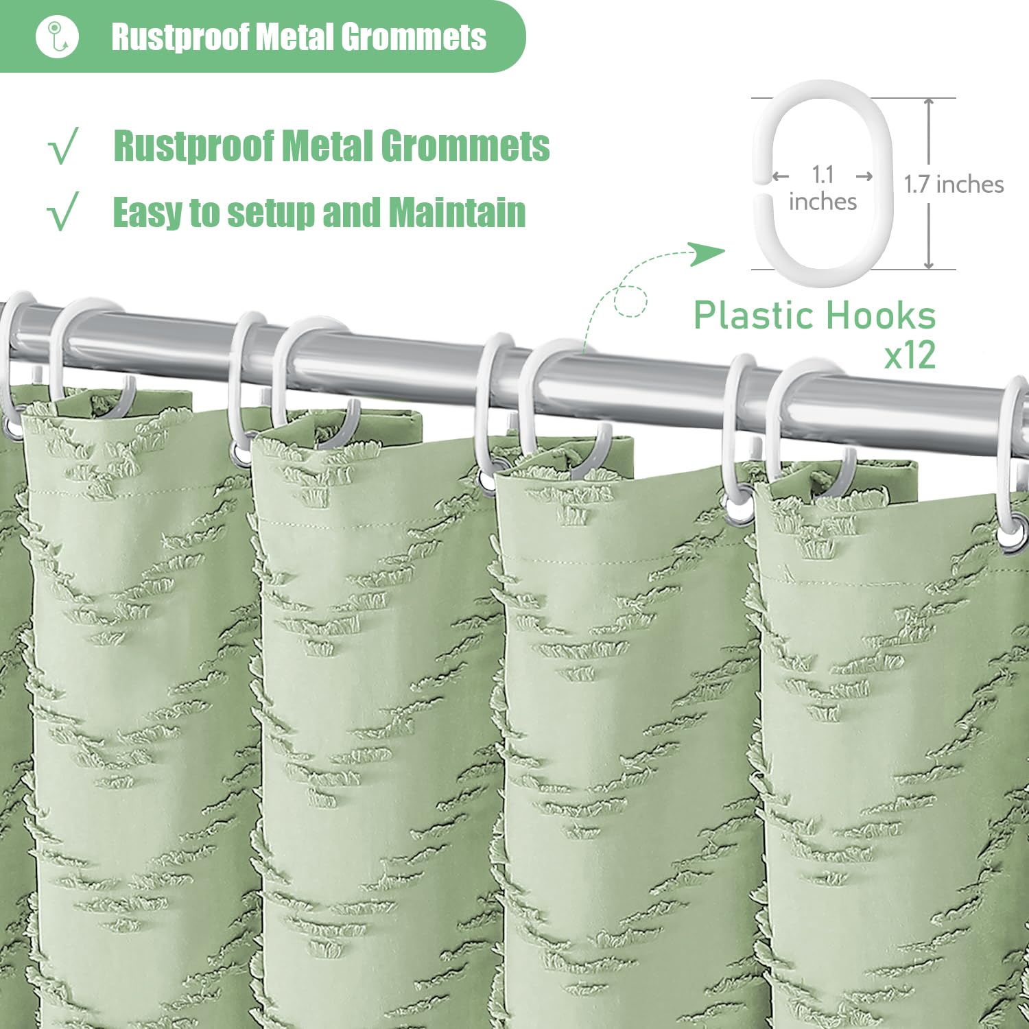 Dynamene Boho Farmhouse Shower Curtain, Sage Green Fabric Tufted Chevron Striped Textured Tassel Shower Curtains For Bathroom, W