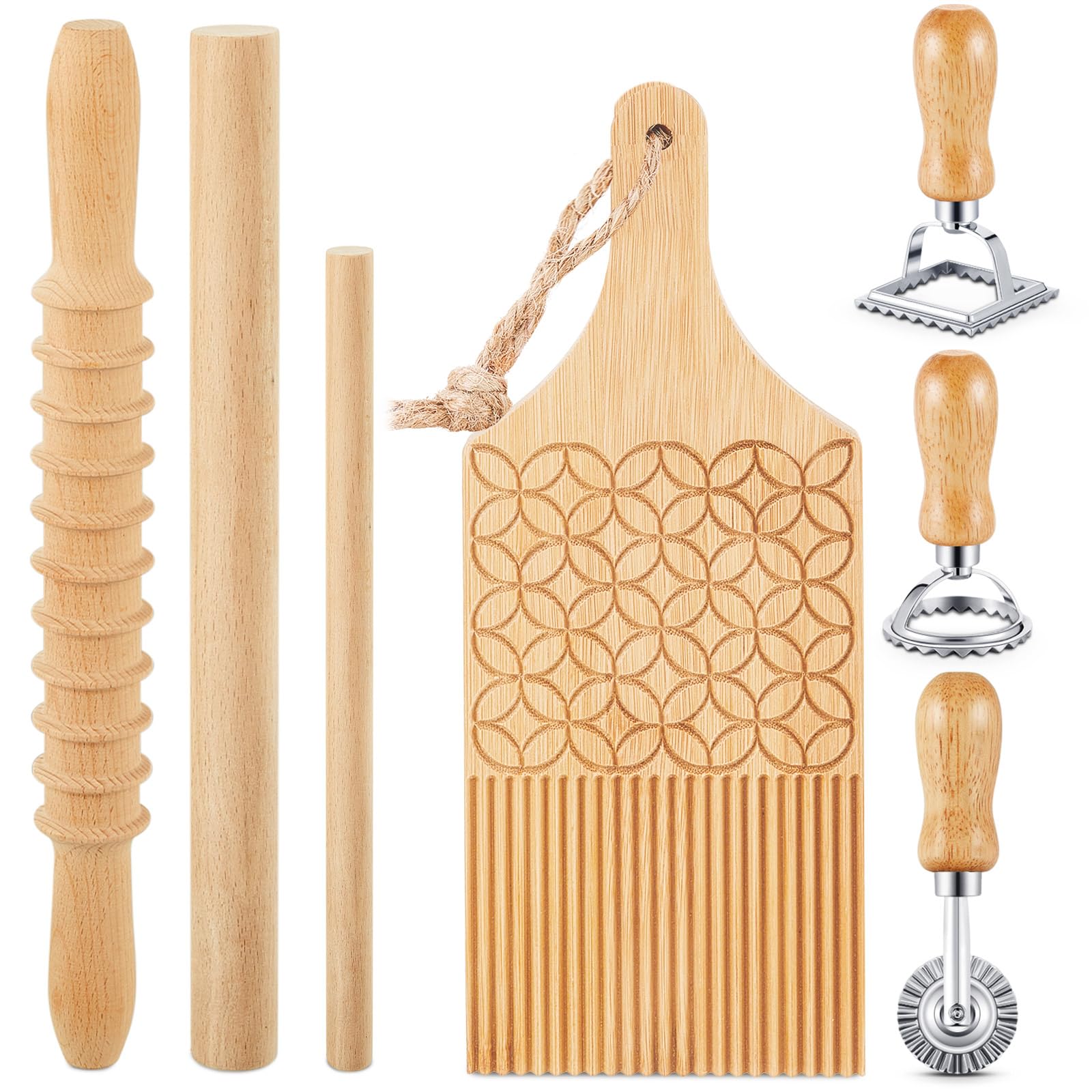 Tioncy 7 Pcs Gnocchi Pasta Making Tool, Wood Gnocchi Board with Ravioli Stamp and Rolling Pin Set Homemade Kitchen Gift for Baki