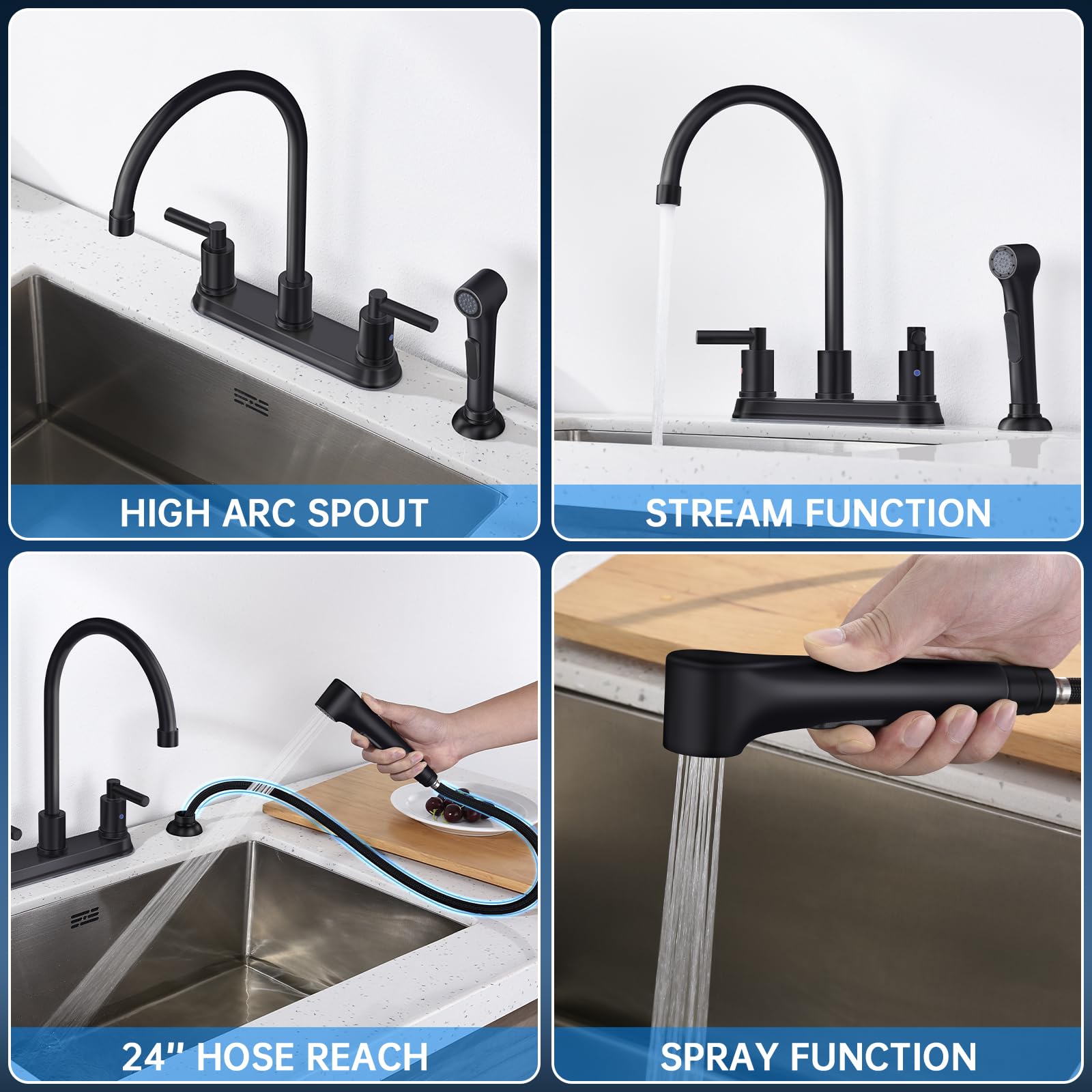 Arrisea 8 Inch Centerset Two Handle Kitchen Faucet With Pull Out Side Sprayer With Pause Mode,10 Inch High Arc Black 4 Hole Stai