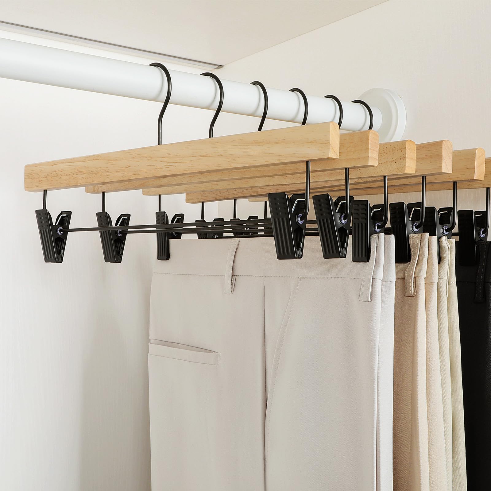 Topia Hanger Pants Hangers 20 Pack, Wooden Clothes Hangers With Black Clips And Rotatable Hook, Durable Natural Rubber Wood Hang