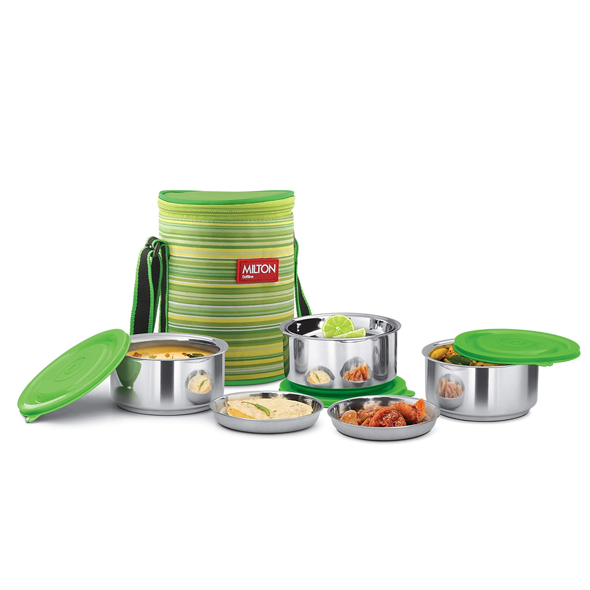 Milton Ribbon 3 Stainless Steel Lunch Box, Set Of 3, (350 Ml Each), With Jacket, Green | Leak Proof | Easy To Carry | Doubled Wa