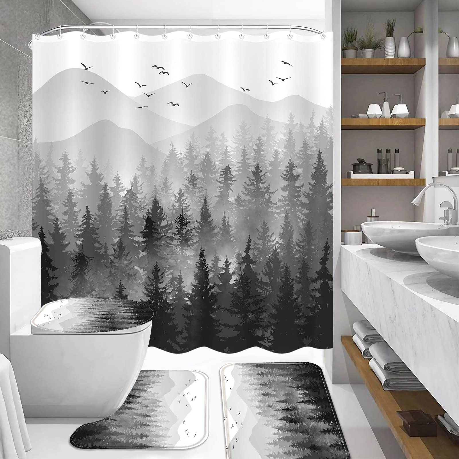 Fungarth 4 Pcs Black White Misty Forest Shower Curtain Set With Rug Mountain Bathroom Sets With Waterproof Fabric Shower Curtain