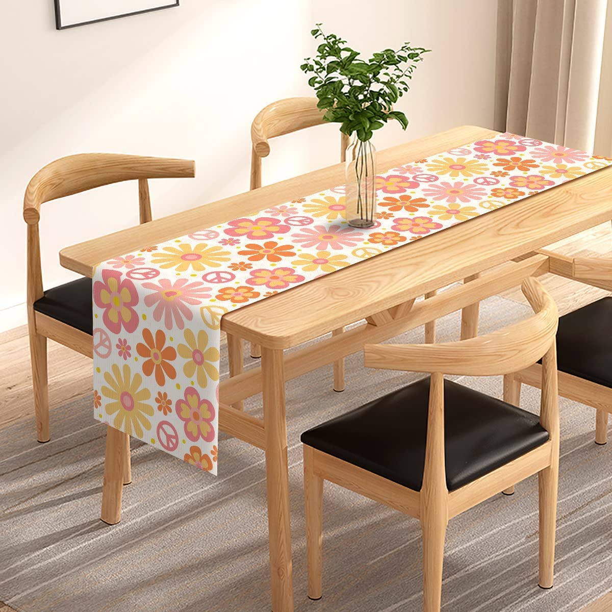 Groovy Table Runner Hippie Daisy Flower Peace Love Birthday Party Retro Kitchen Dining Home Decoration (13'' X 90'')