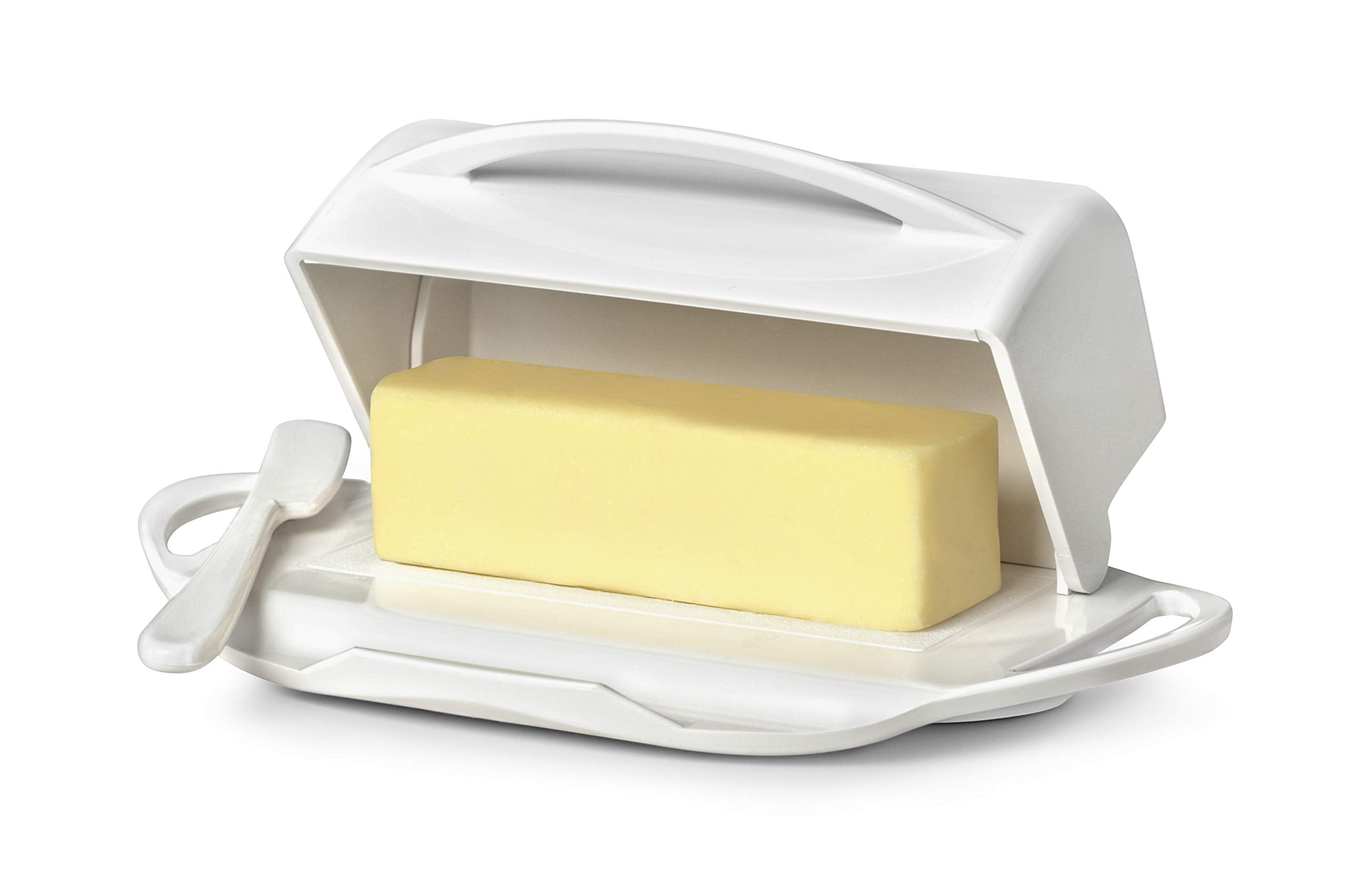 Butterie Flip-Top Butter Dish with Lid & Knife, Shatterproof, 9" x 5.5" x 3", White, Model BTRWHT1001