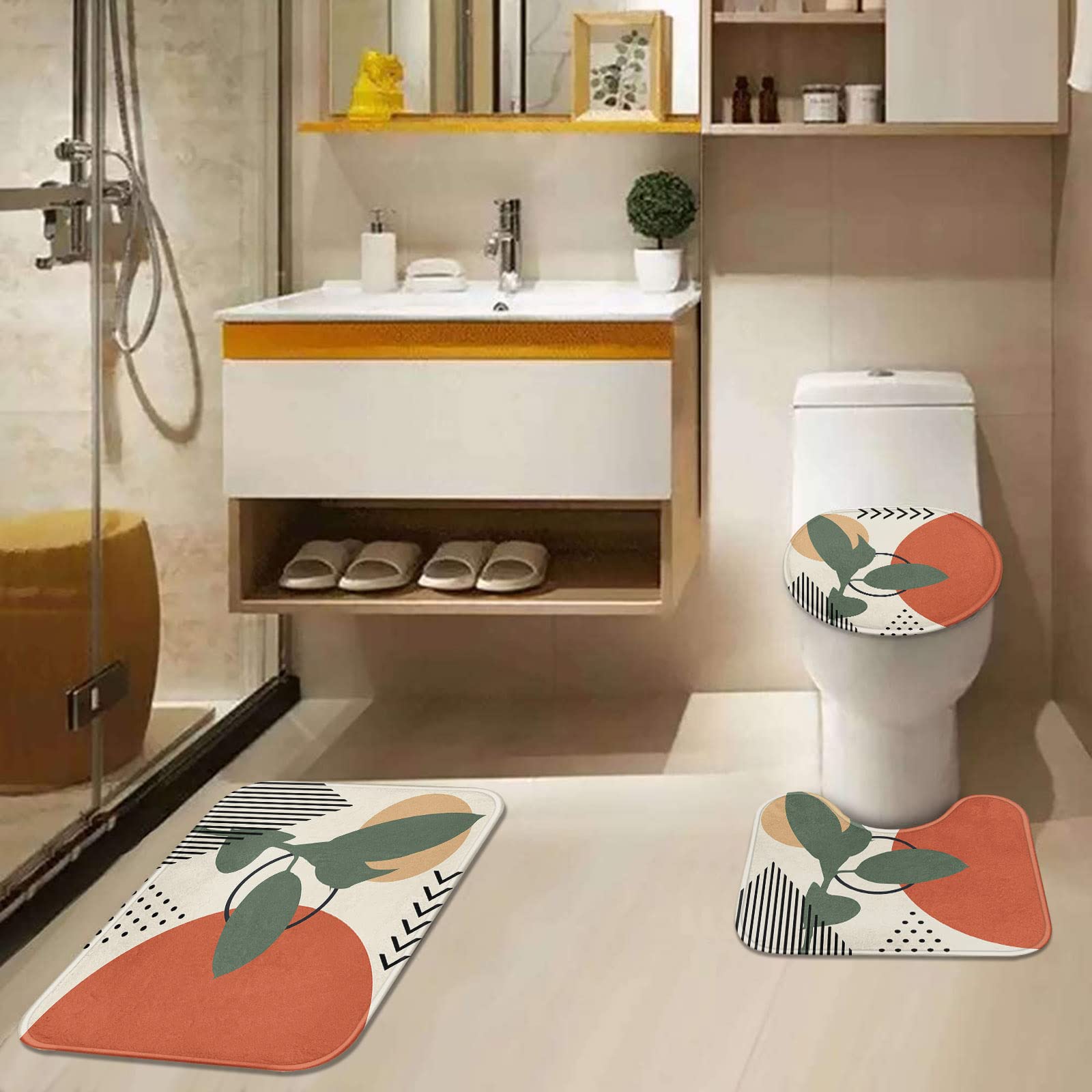 Tayney Boho Mid Century Shower Curtain Set With Toilet Lid Cover And Non-Slip Rugs, Abstract Botanical 4 Pcs Shower Curtain Set,