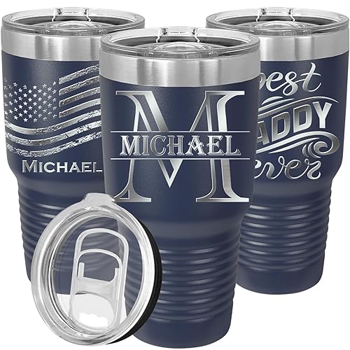 Personalized Tumblers 30oz with Lids and Straws  Your Name or Text Engraved in USA Customized Cups  Stainless Steel Vacuum Insulated Coffee Mugs  Father's Day Gifts for Dad by iProductsUS (Navy Blue)