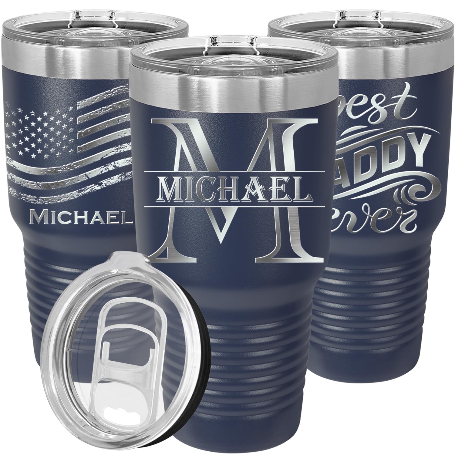 Personalized Tumblers 30oz with Lids and Straws  Your Name or Text Engraved in USA Customized Cups  Stainless Steel Vacuum Insulated Coffee Mugs  Father's Day Gifts for Dad by iProductsUS (Navy Blue)