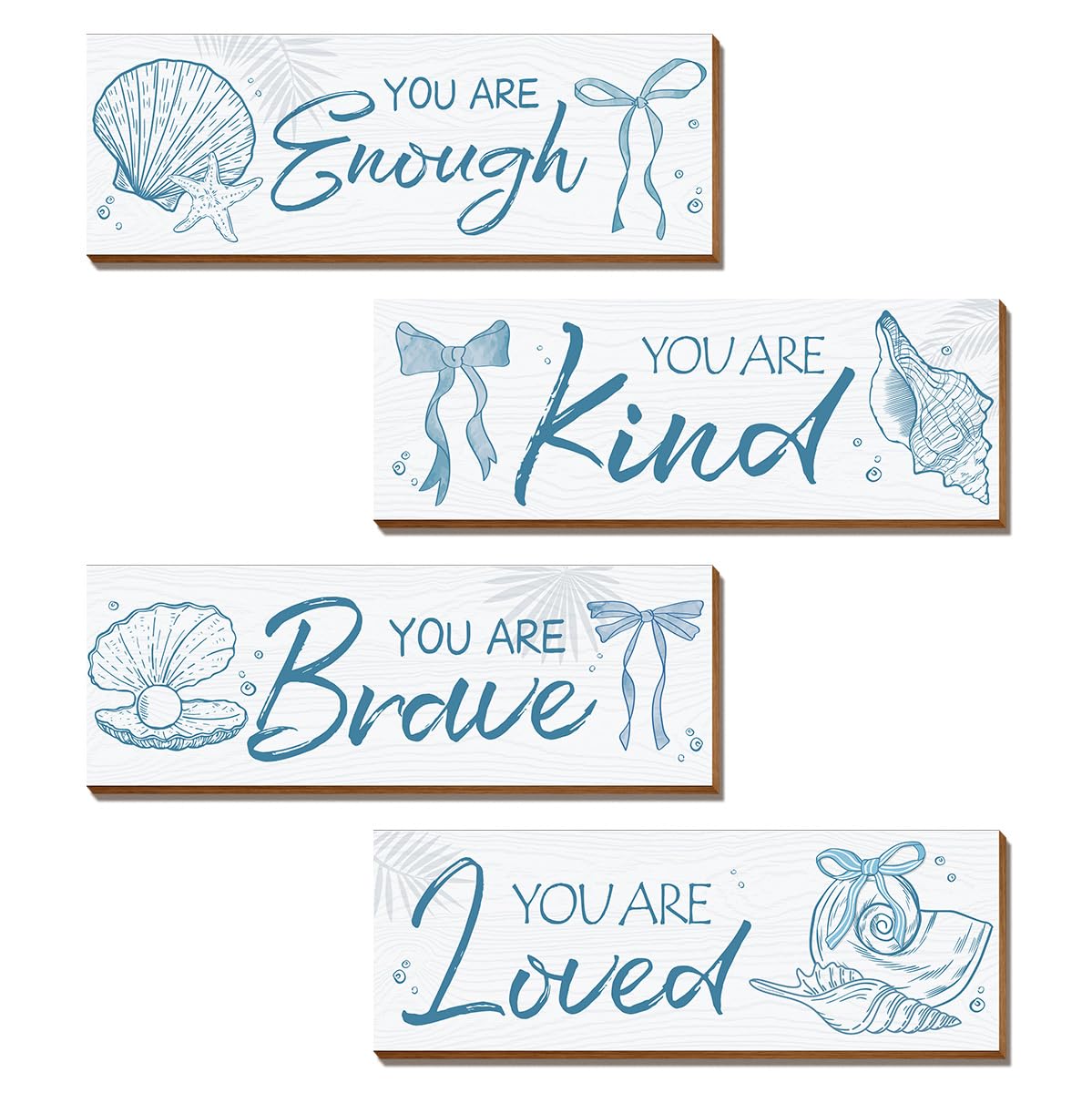 Riletese 4 Pcs Blue Coastal Wall Decor, Positive Affirmations Wall Art Decor, Inspirational Wooden Signs, Beach Boho Bow Wall Ar