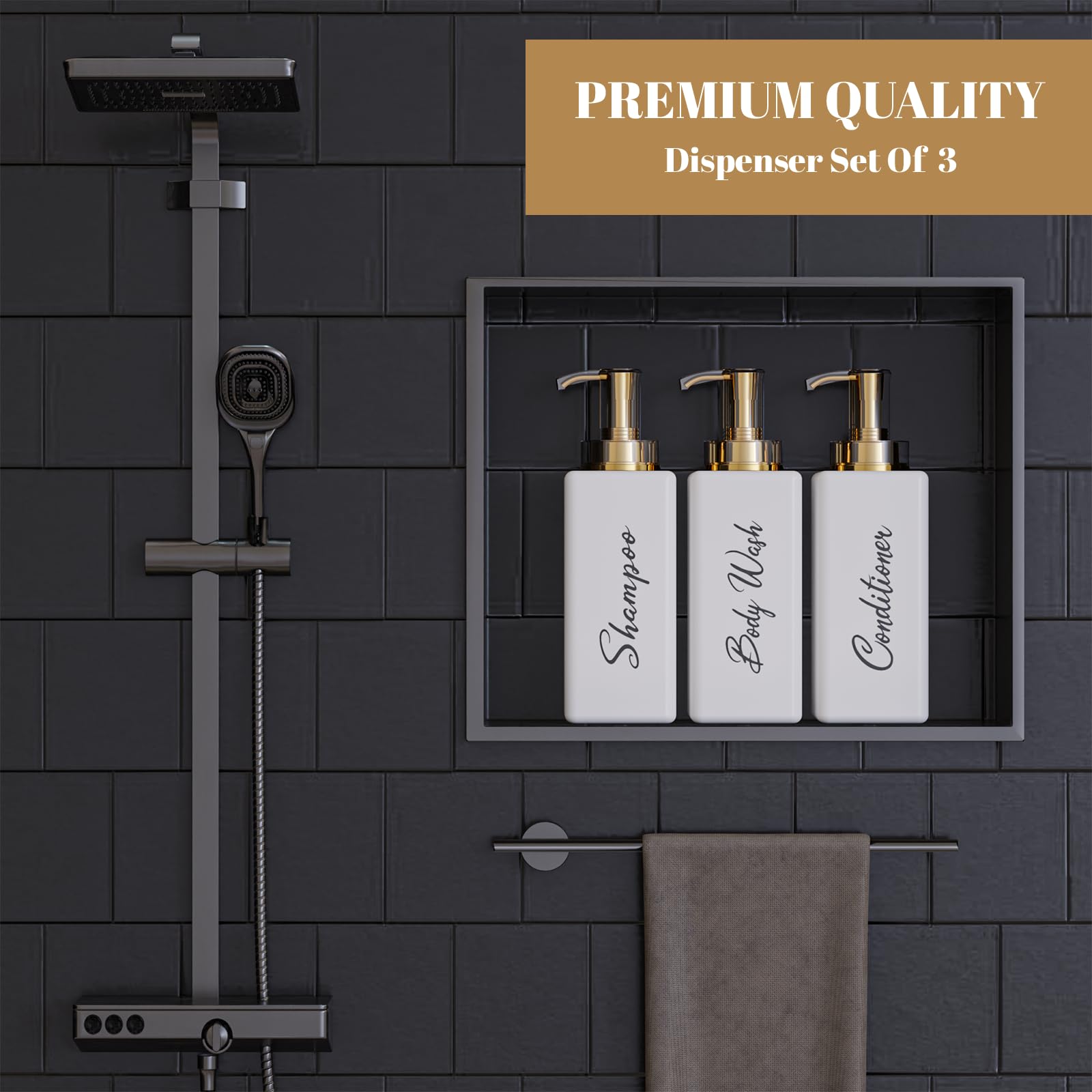 Akalin Shiny Shampoo And Conditioner Dispenser 16Oz, Set Of 3 Refillable Shampoo And Conditioner Bottles With Pump, 3 Clear Body