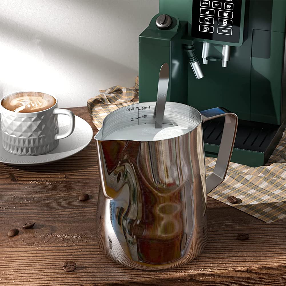 Milk Frothing Pitcher Cup, 32Oz/900Ml Milk Frother Cup Stainless Steel Steaming Pitcher Milk Jug Coffee Latte Art Cappuccino Esp