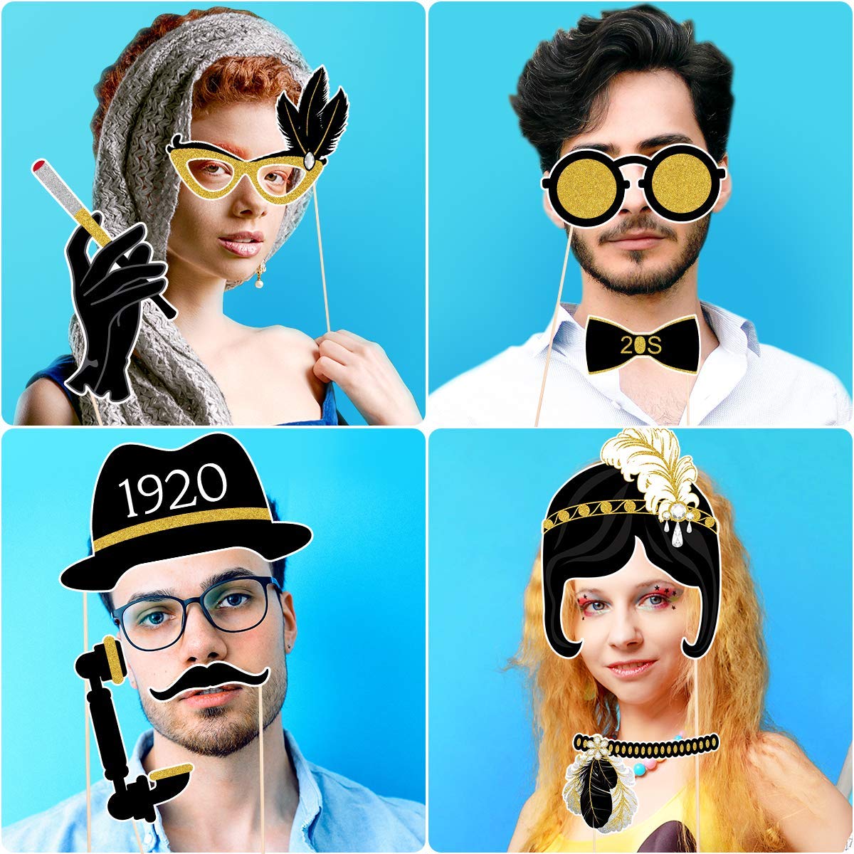 Tinksky 20pcs 1920s Photo Booth Props Roaring 20's Party Photo Props with Bamboo Sticks Creative Party Supplies Perfect 1920s Themed Birthday Wedding Hollywood Party Decoration Accessories