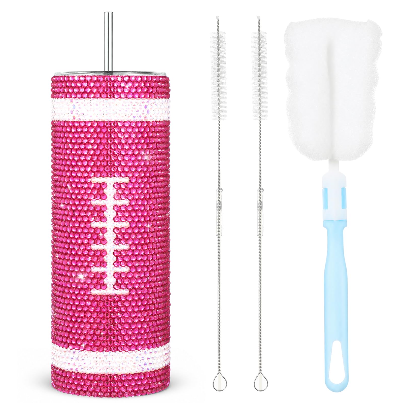 Pink Football Bling Rhinestone Tumbler 20oz Stainless Steel Diamond Glitter Cup with Lid Straw Cleaning Brush, Back to School Ch