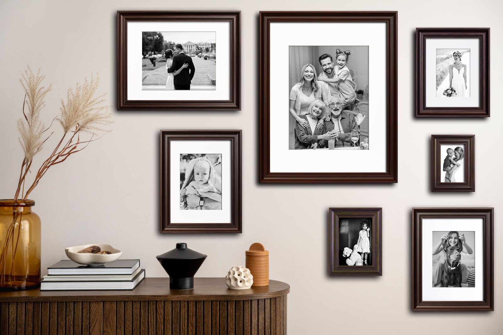 Yaetm 9x12 Picture Frame Matted to 6x8 Set of 4, 1.4    Wide Molding & Dark Brown Photo Frames 9 x 12 with Tempered Glass, Displ