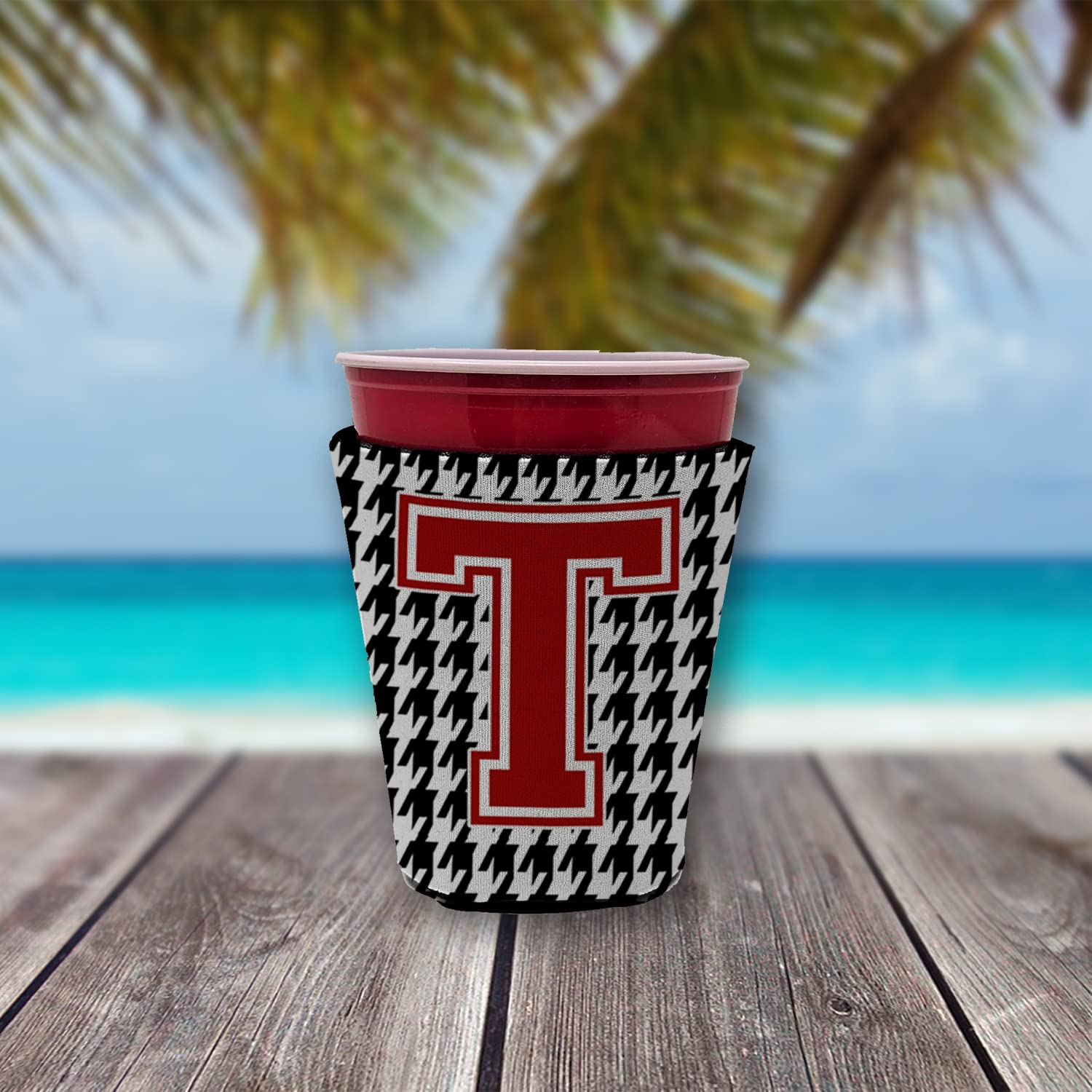 Monogram - Houndstooth  Initial  T Red Solo Cup Beverage Insulator Hugger CJ1021T-RSC