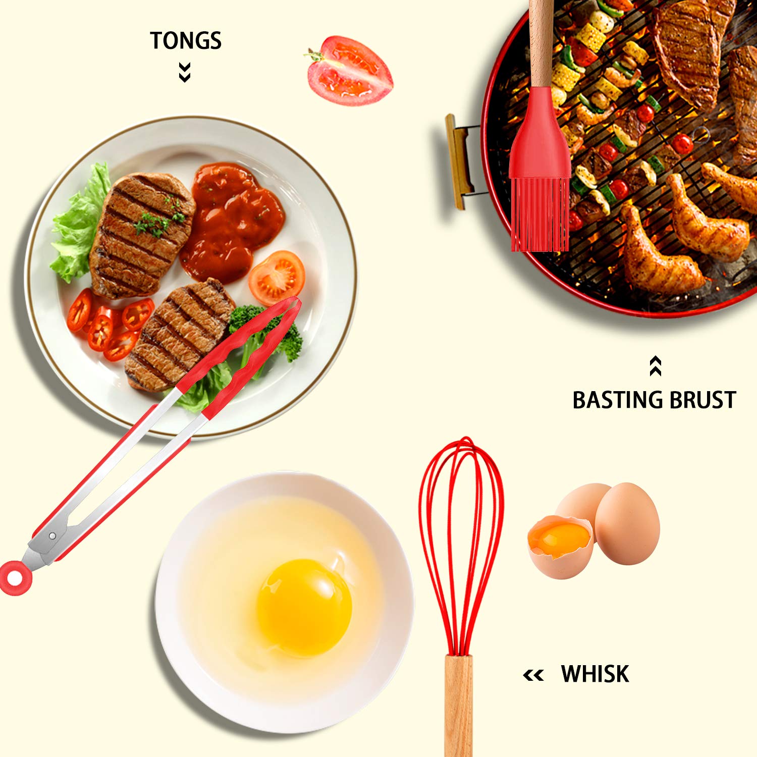 Mibote Silicone Cooking Utensils Kitchen Utensil Set - 446F Heat Resistant,Turner Tongs, Spatula, Spoon, Whisk, Wooden Handle Ki