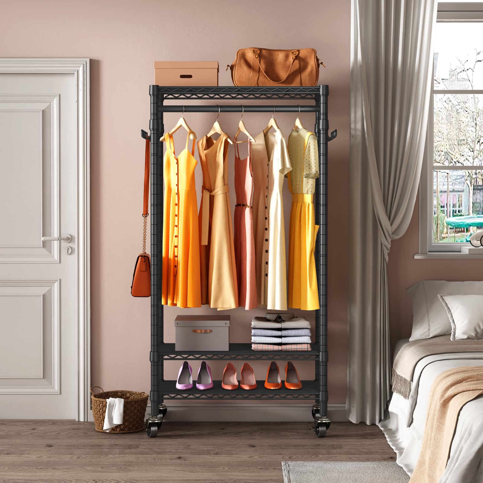 Vipek R1 Medium Rolling Clothes Rack Portable Garment Rack For Hanging Clothes, 3 Wire Shelves Freestanding Heavy Duty Clothing
