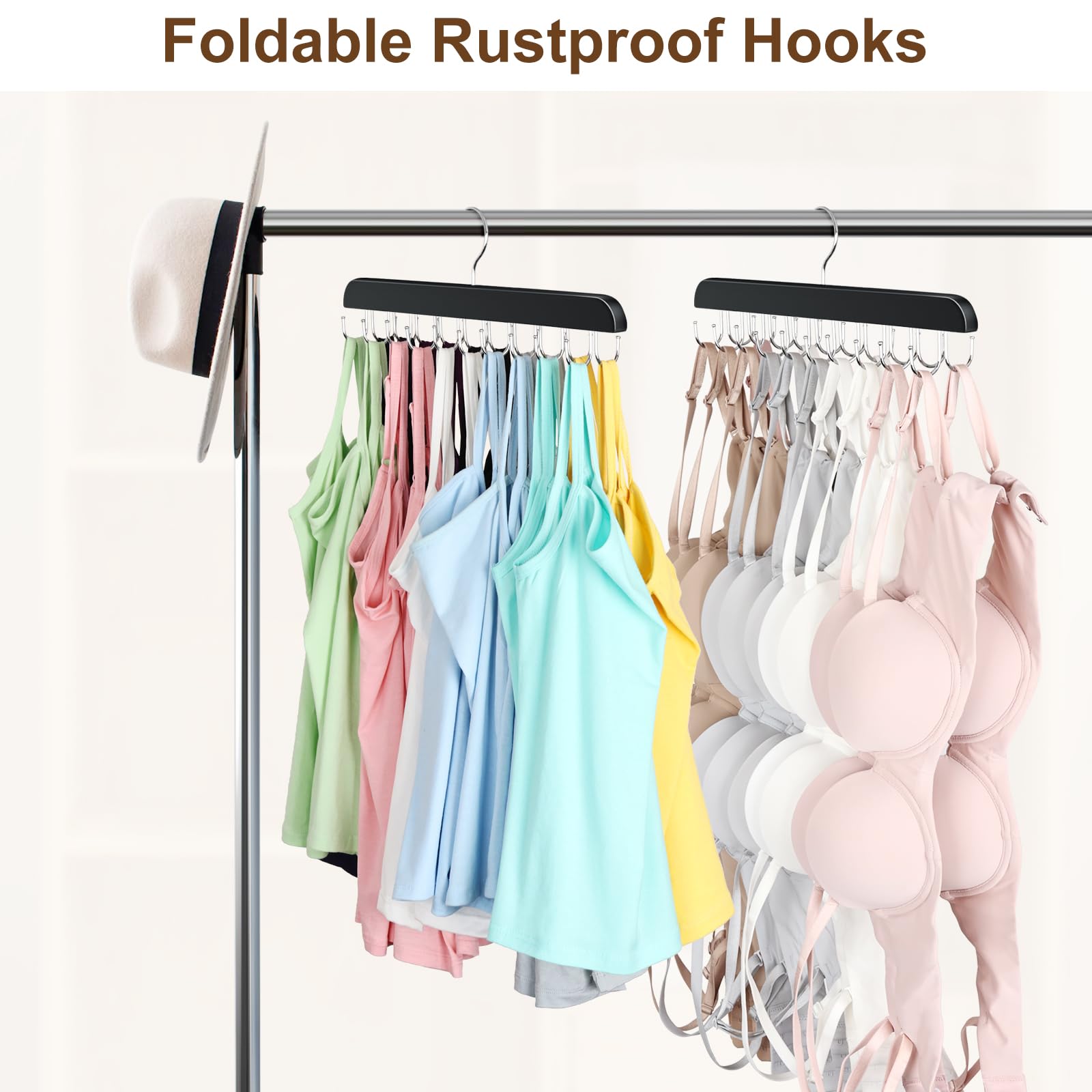 Resovo Bra Hanger For Closet, Tank Top Hanger 20 Hooks Capacity Foldable Wood Space Saving Hanger Closet Organizers And Storage