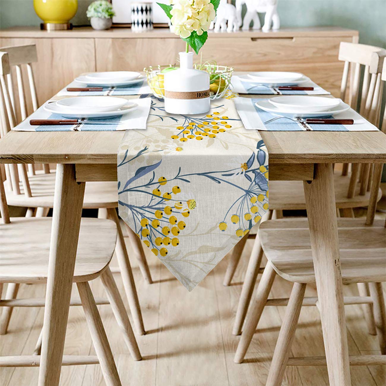 Hellowink 13X70Inch Burlap Table Runners, Vintage Floral Plant, Cotton Linens Table Runner Cloth For Wedding Dinning Room Partie
