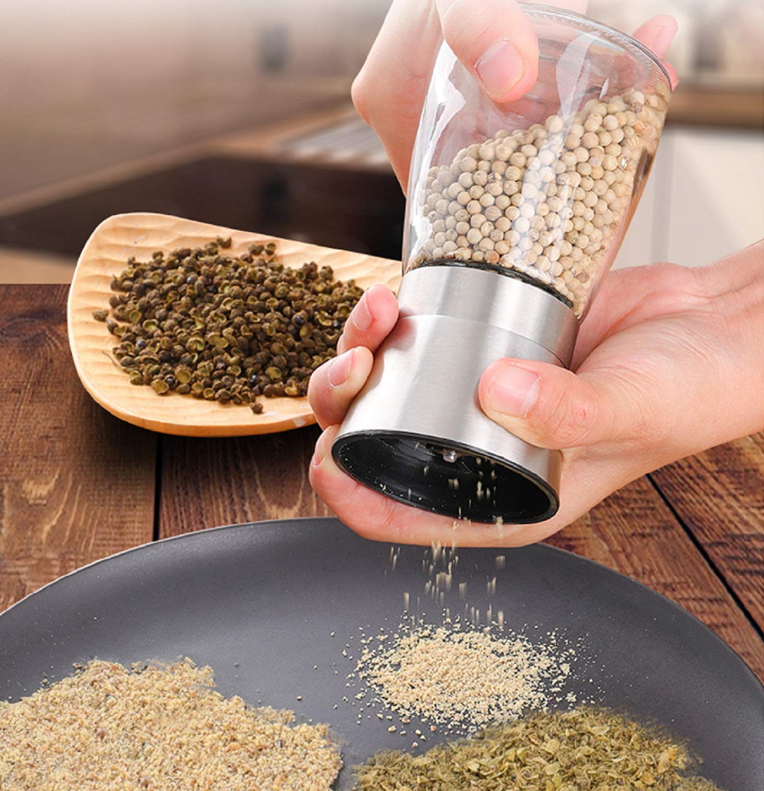 LessMo Salt and Pepper Grinder Set - Brushed Stainless Steel with Wooden Tray - Adjustable Coarseness - Silver - Short Glass Shakers