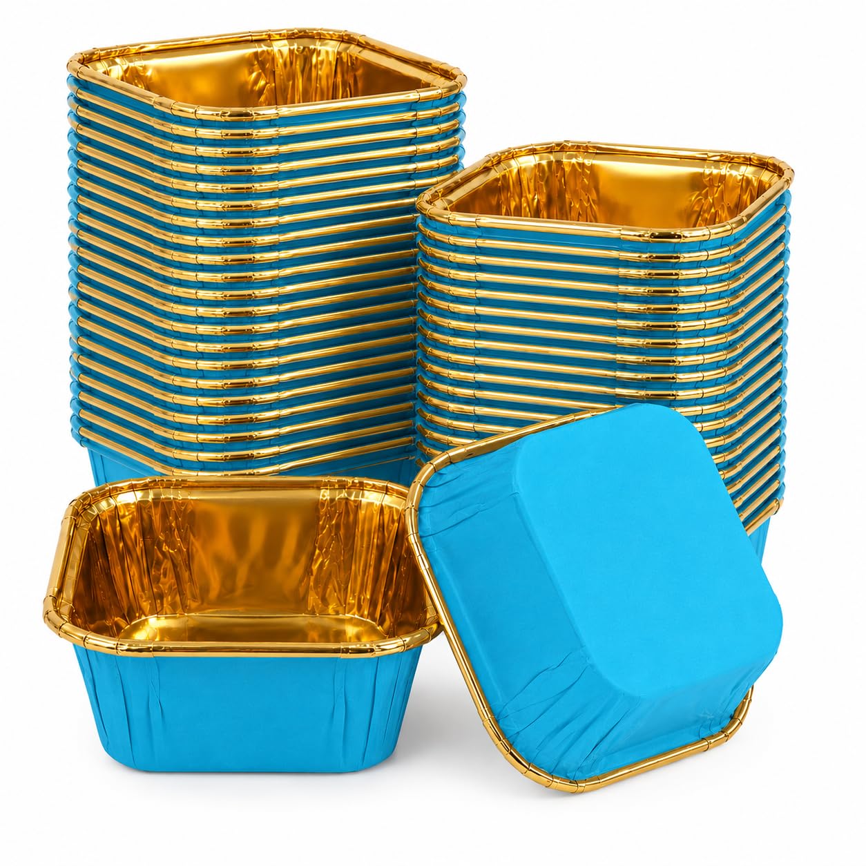 icyhey 50 Pcs Blue and Gold Square Baking Cups, Disposable Paper Loaf Pans