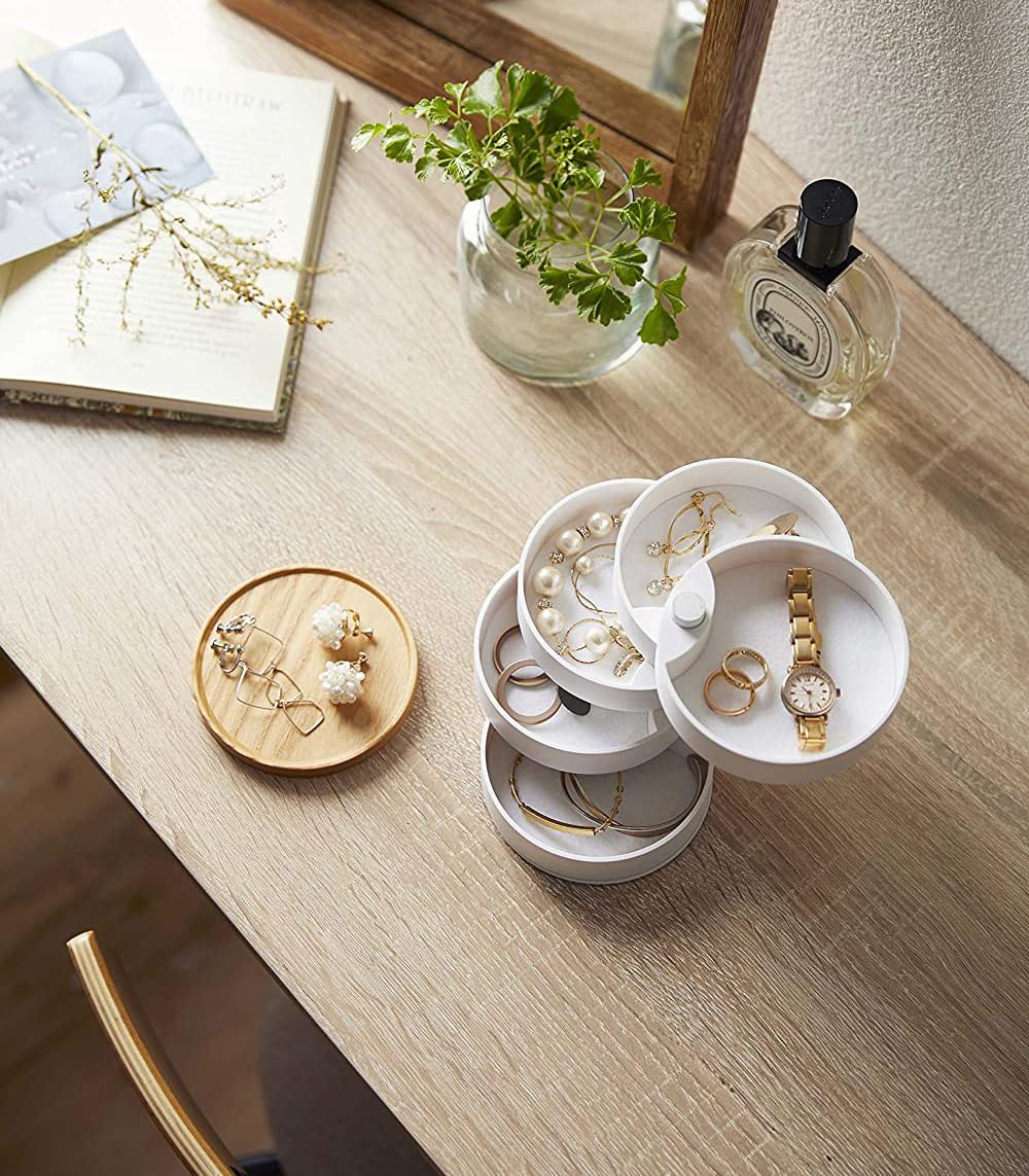 Yamazaki Home Tosca Stacked Accessory Trays With Wooden Lid - Open - Abs Plastic, One Size, White