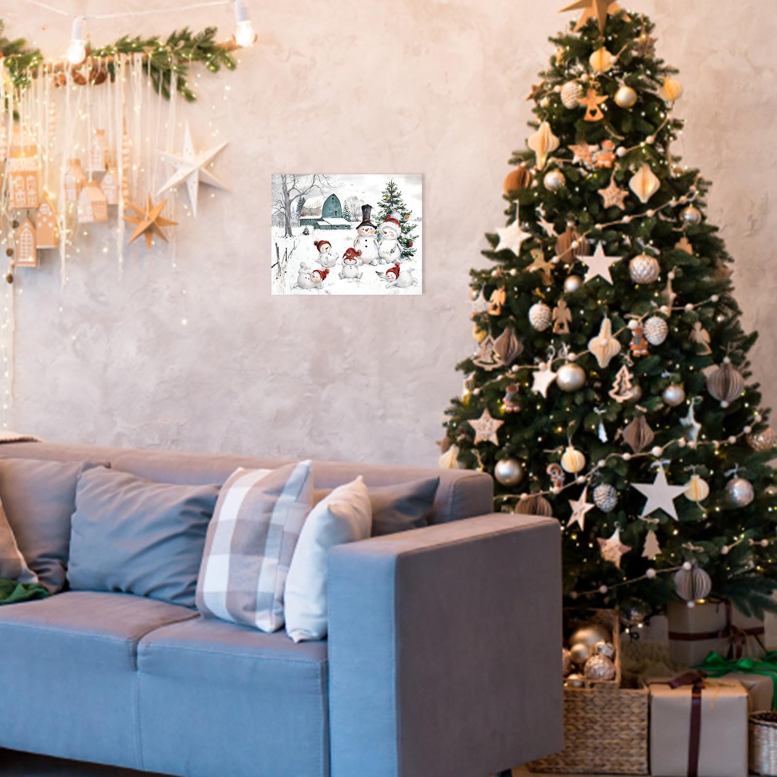 Snowman Christmas Pictures Wall Decor: Christmas Canvas Wall Art Winter Snowman Family Poster Blue Barn Prints Paintings Farmhou
