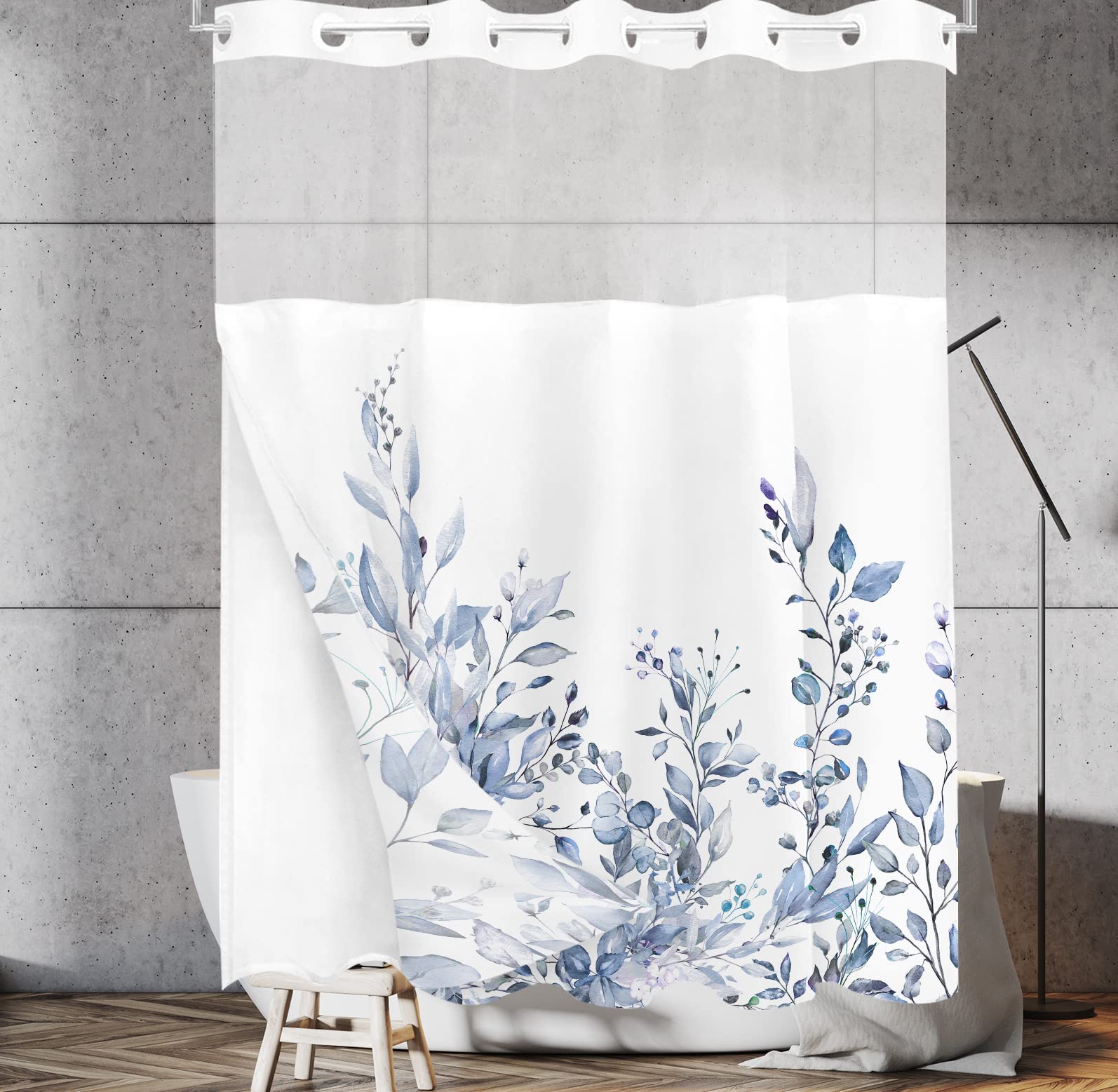 Tititex No Hooks Snap In Liner Serenity Lake Blue Eucalyptus Leaves Shower Curtain Sets, Hotel Luxury Double Layers Waterproof F